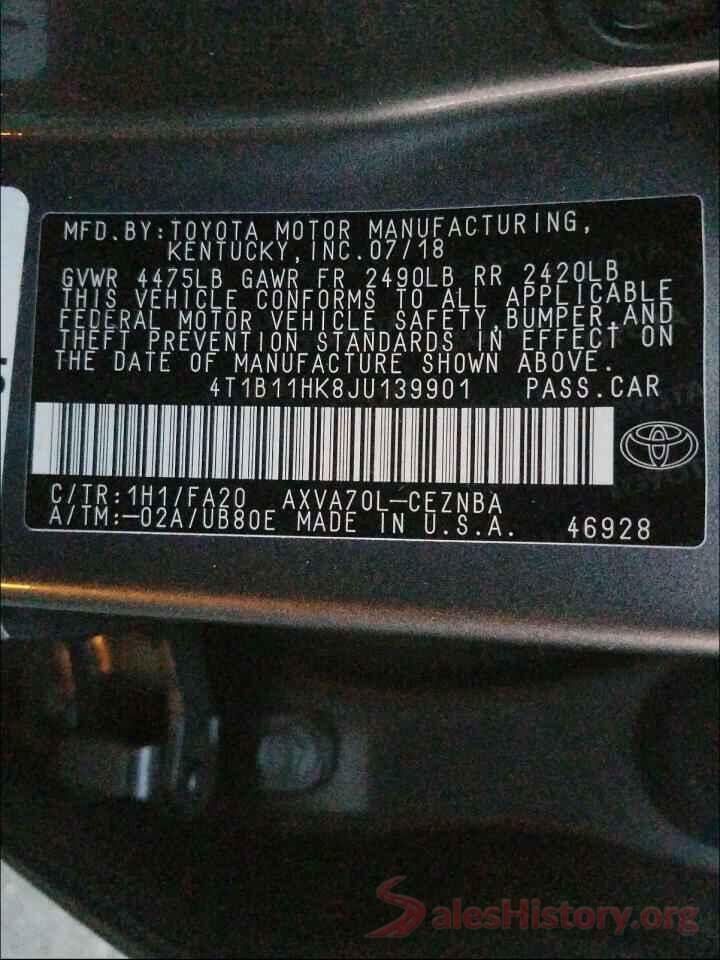 4T1B11HK8JU139901 2018 TOYOTA CAMRY