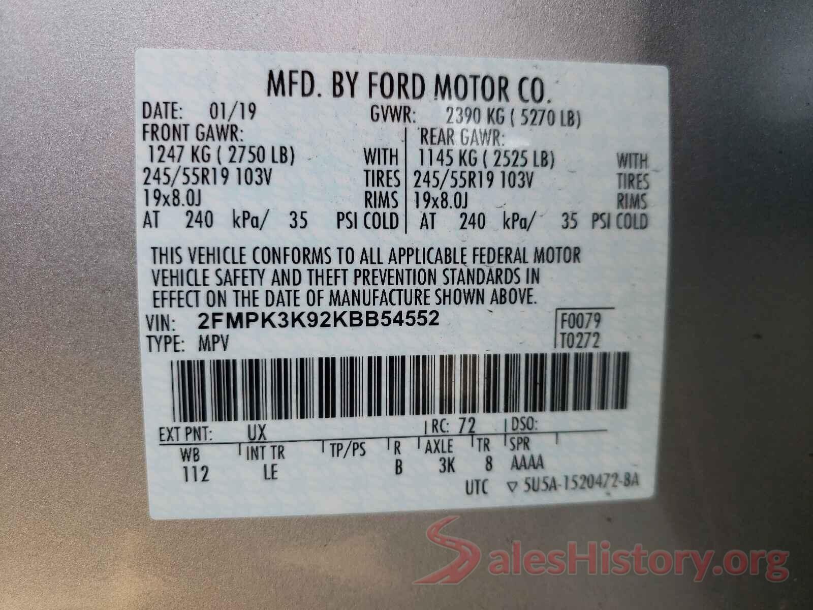 2FMPK3K92KBB54552 2019 FORD EDGE