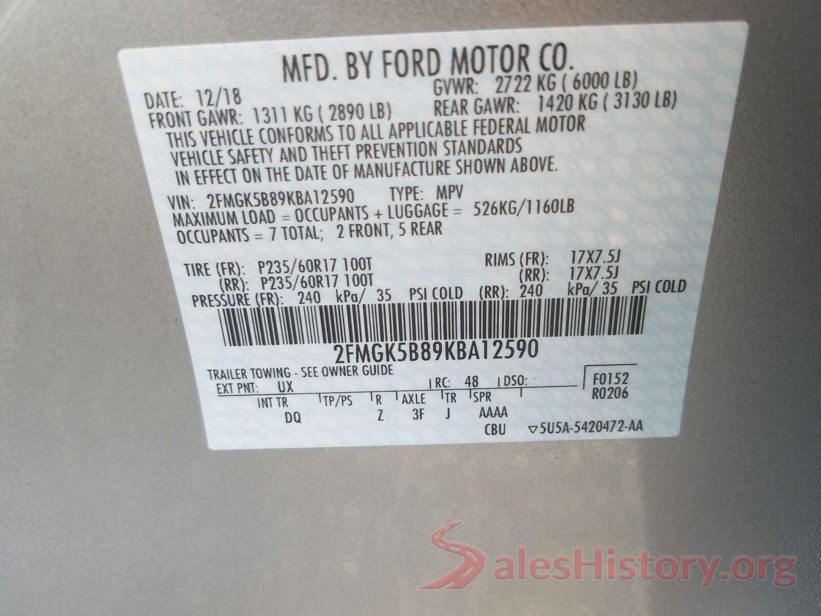 2FMGK5B89KBA12590 2019 FORD FLEX