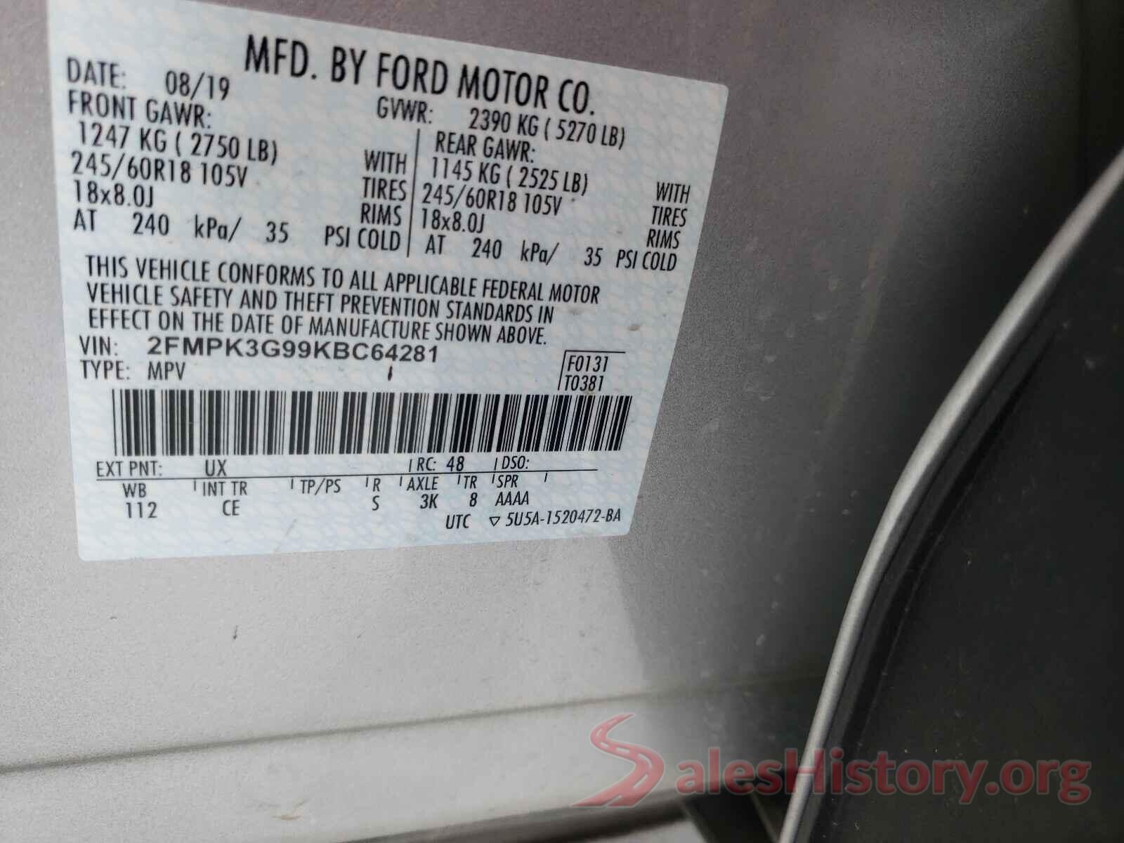 2FMPK3G99KBC64281 2019 FORD EDGE