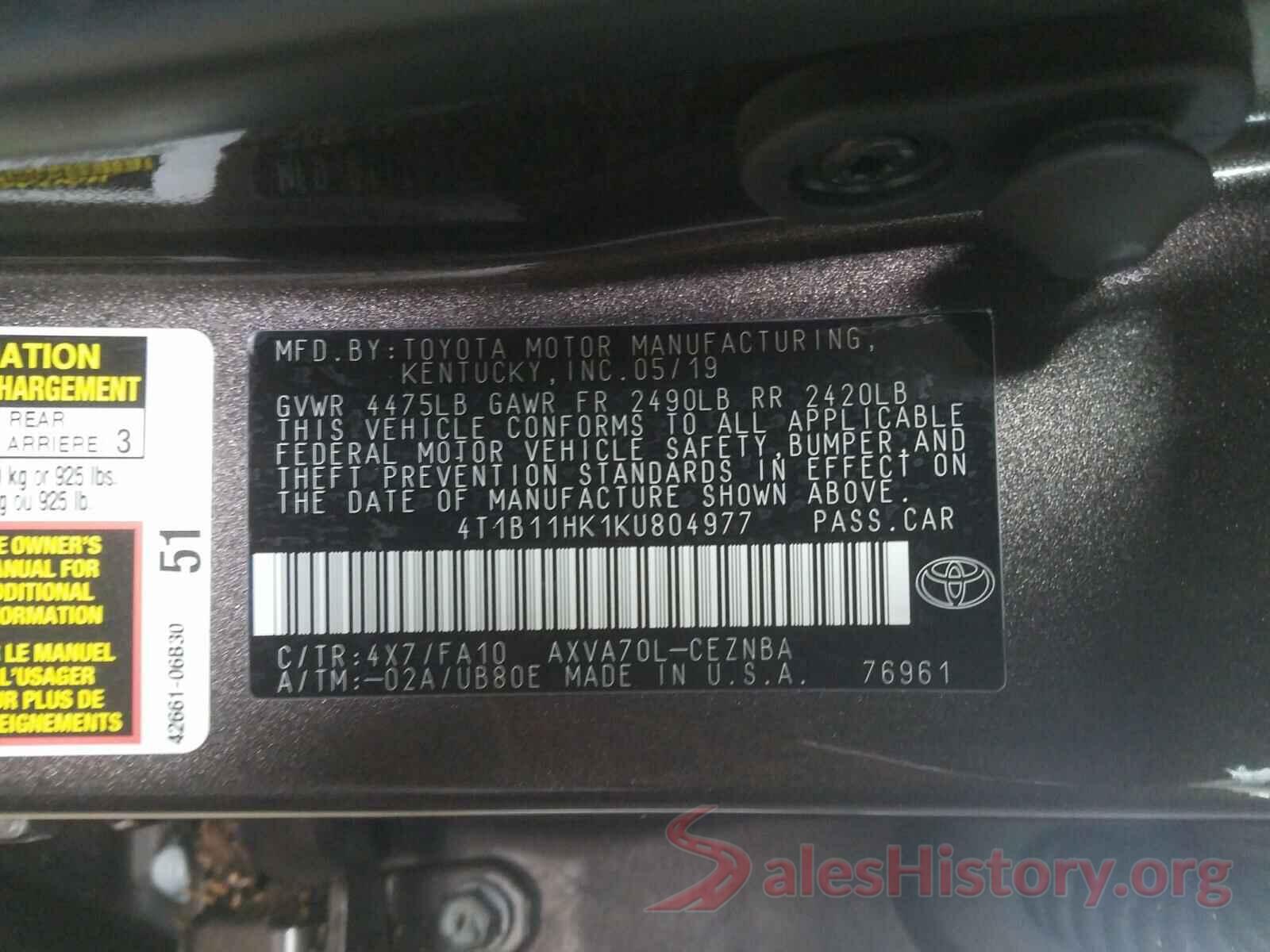 4T1B11HK1KU804977 2019 TOYOTA CAMRY