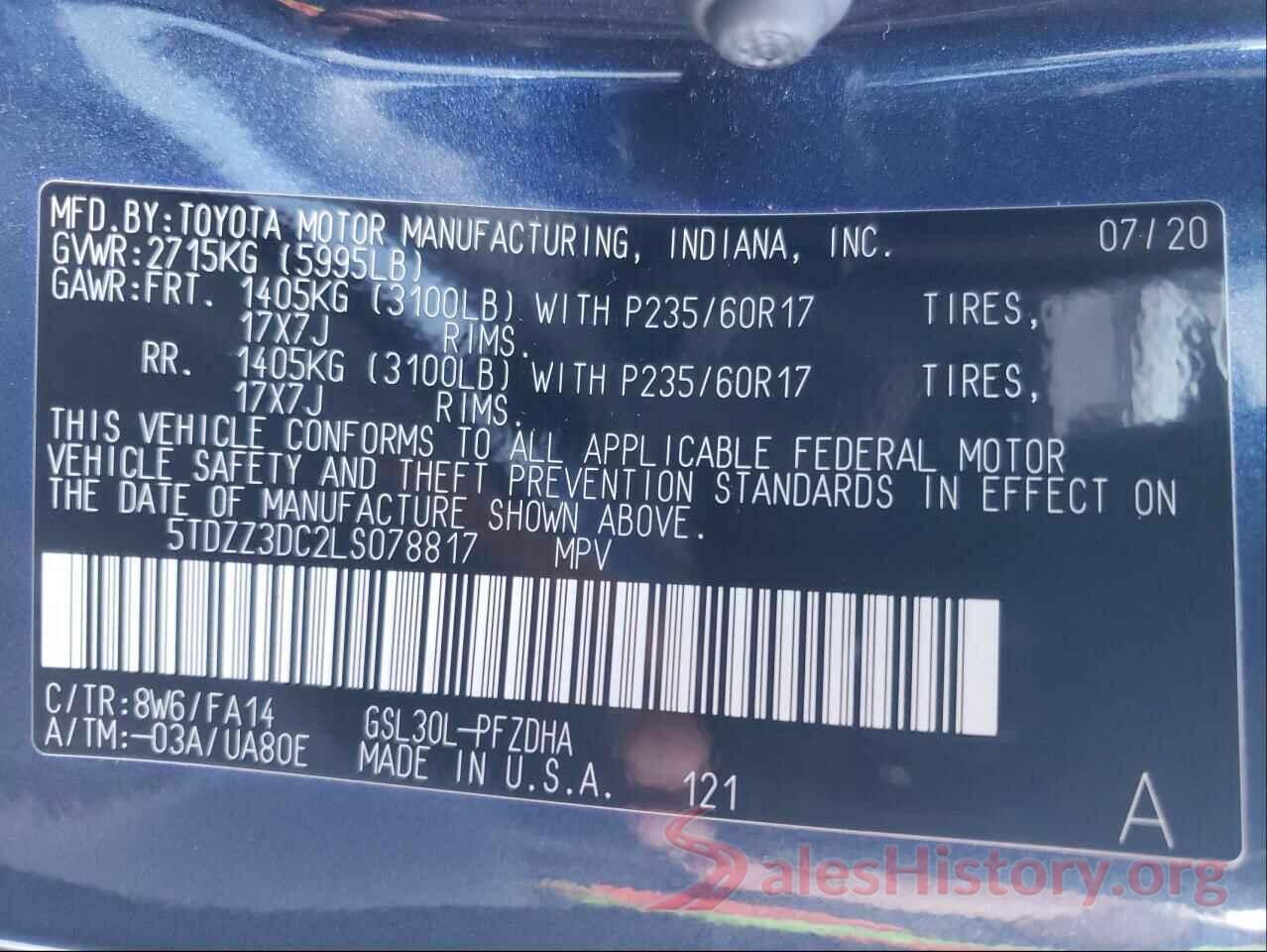 5TDZZ3DC2LS078817 2020 TOYOTA SIENNA