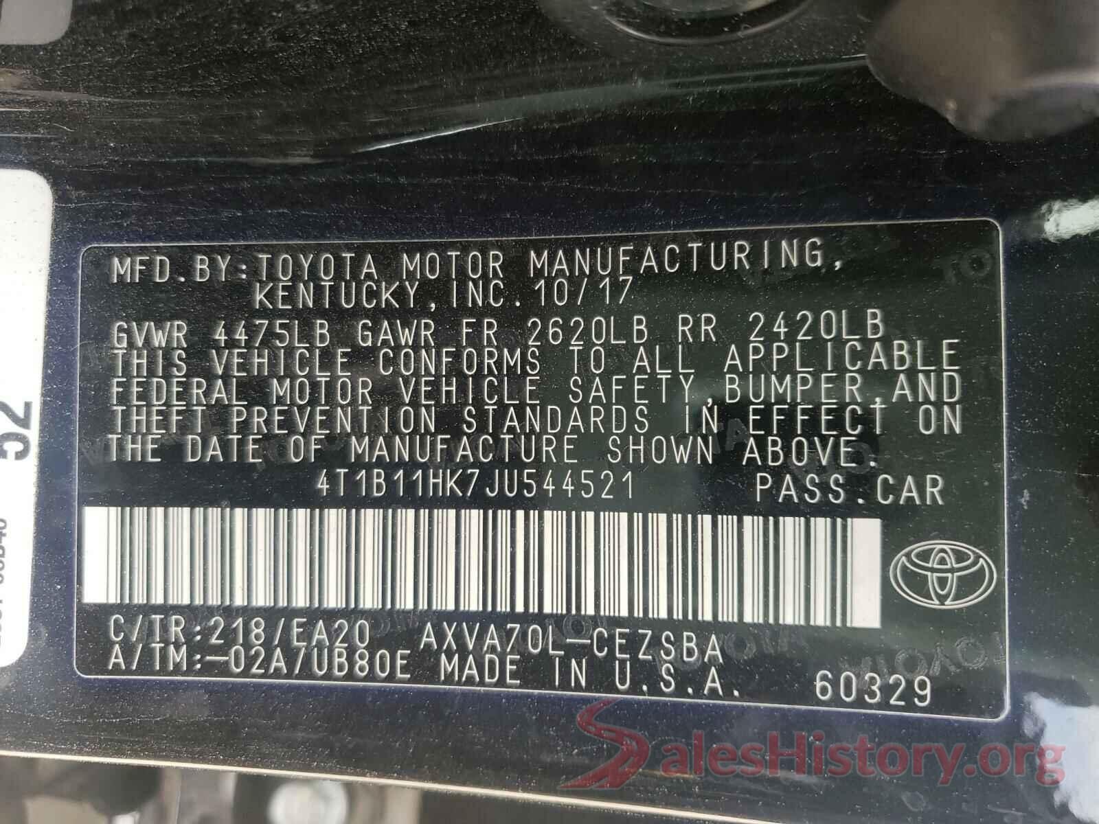 4T1B11HK7JU544521 2018 TOYOTA CAMRY