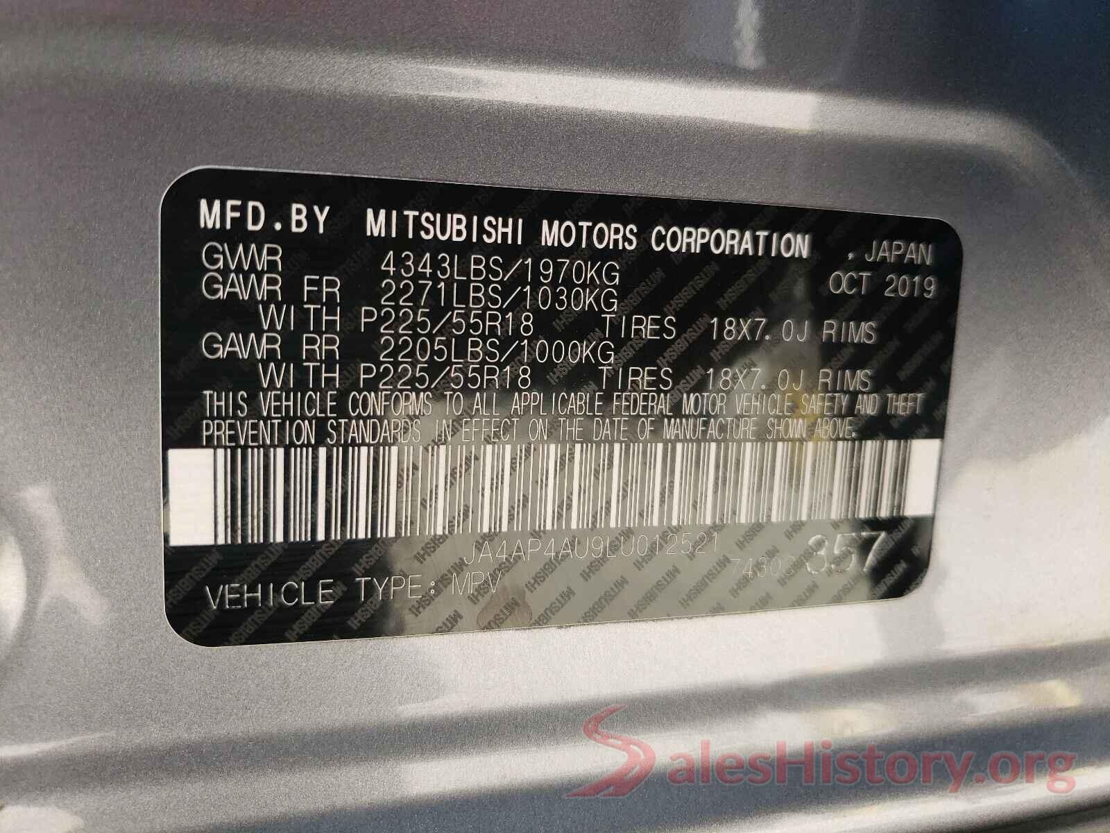 JA4AP4AU9LU012521 2020 MITSUBISHI OUTLANDER