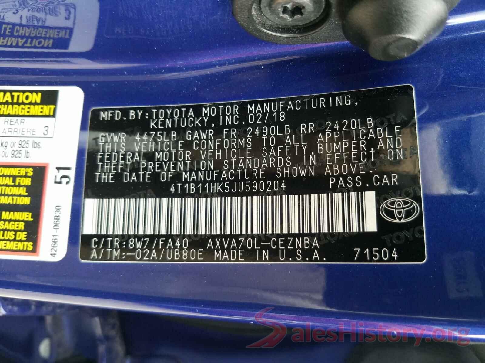 4T1B11HK5JU590204 2018 TOYOTA CAMRY