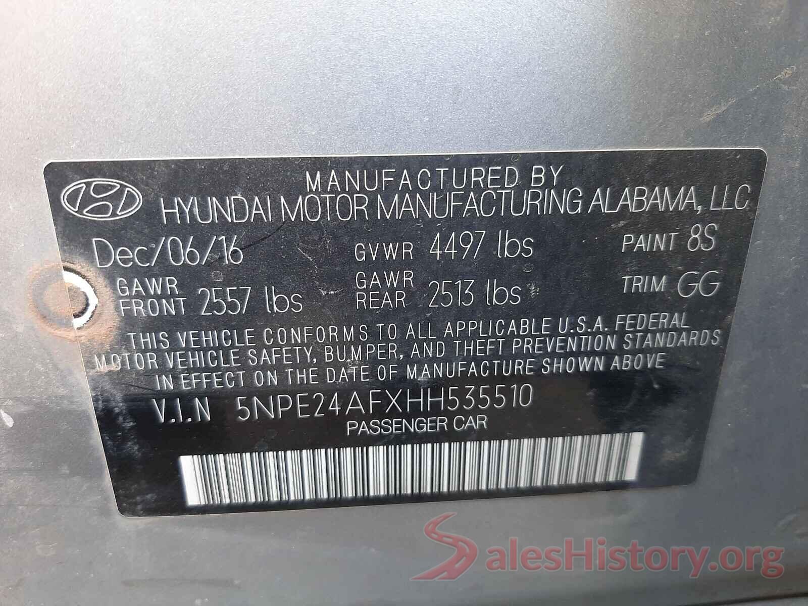 5NPE24AFXHH535510 2017 HYUNDAI SONATA