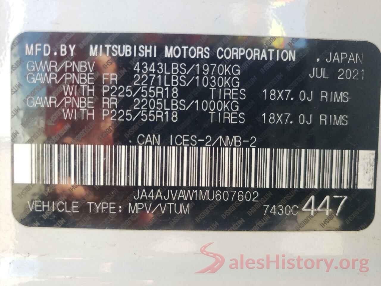 JA4AJVAW1MU607602 2021 MITSUBISHI OUTLANDER