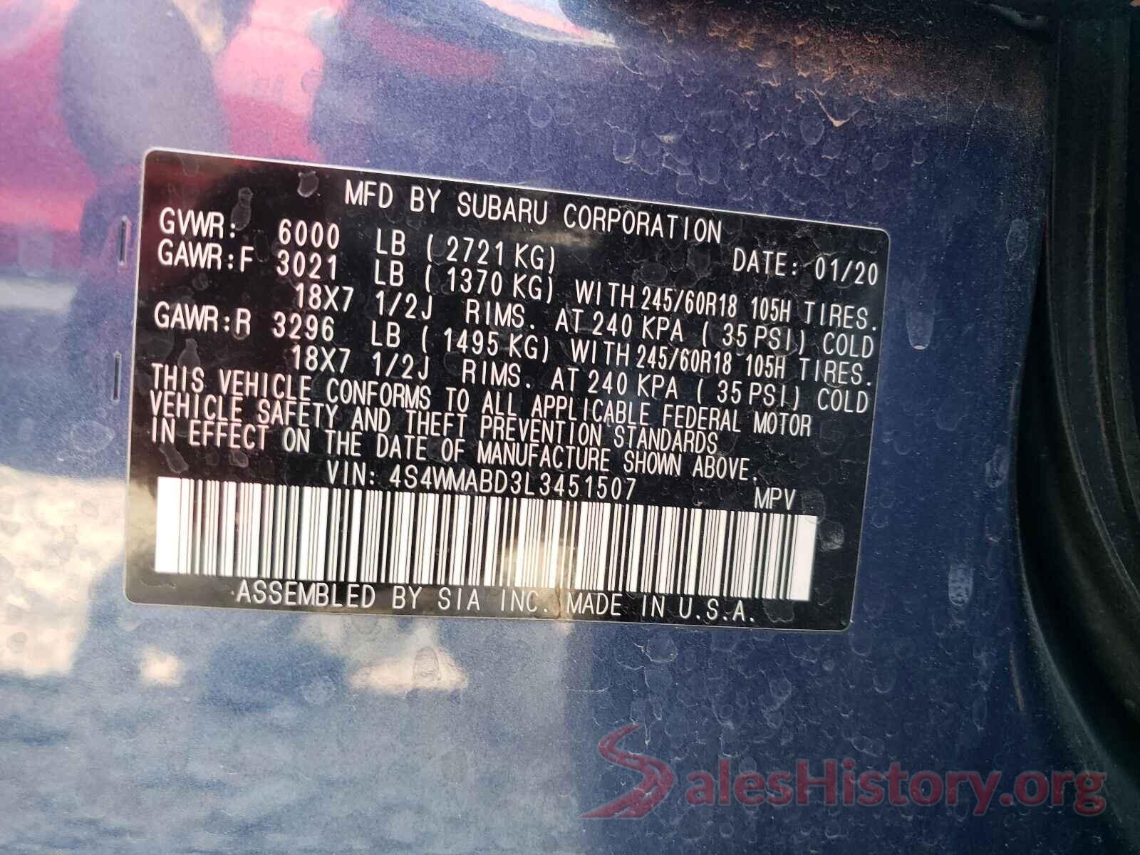 4S4WMABD3L3451507 2020 SUBARU ASCENT