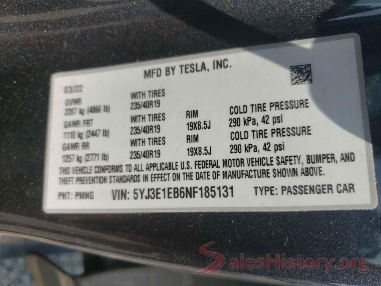 5YJ3E1EB6NF185131 2022 TESLA MODEL 3