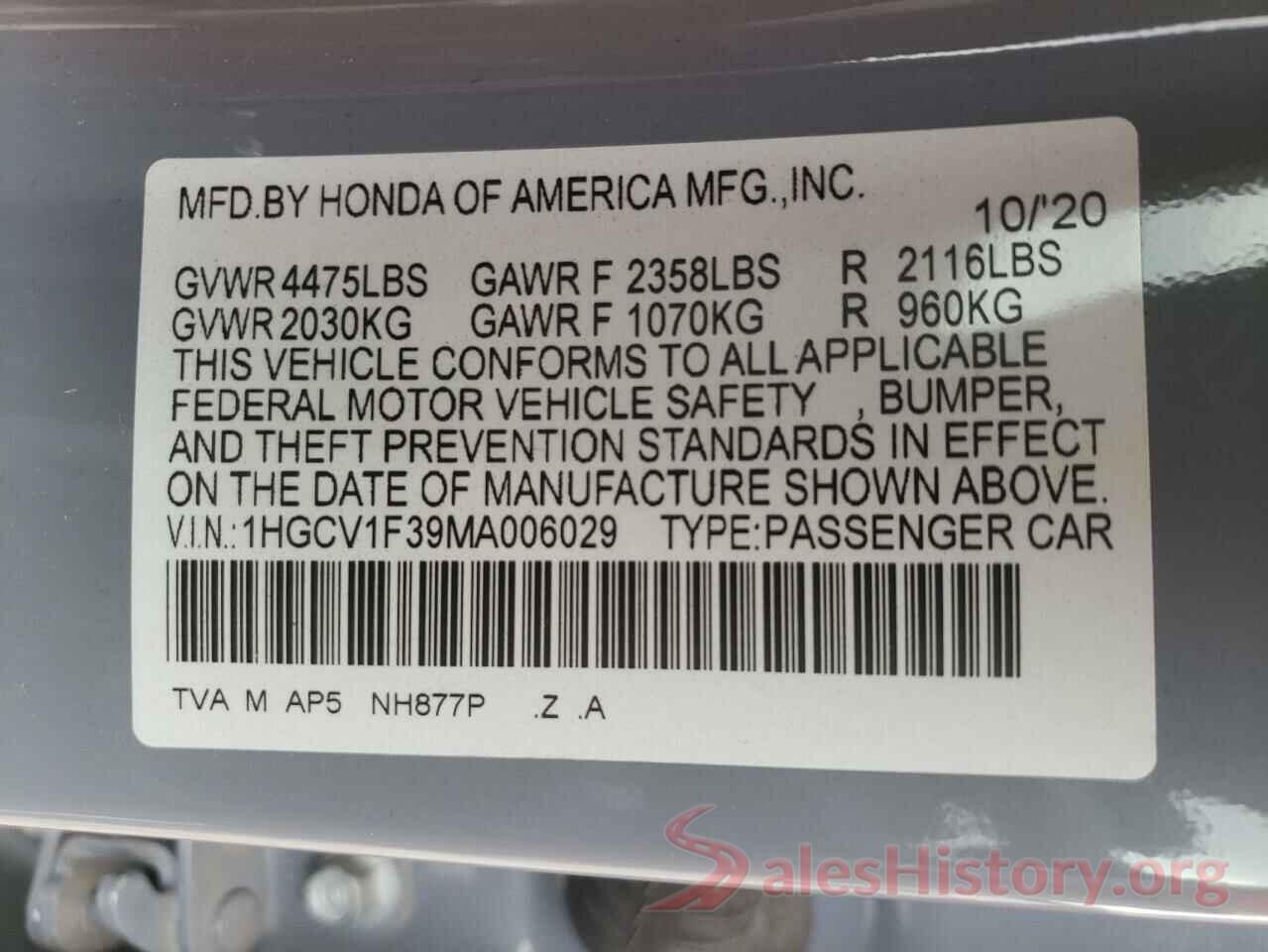 1HGCV1F39MA006029 2021 HONDA ACCORD