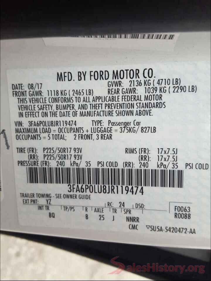 3FA6P0LU8JR119474 2018 FORD FUSION