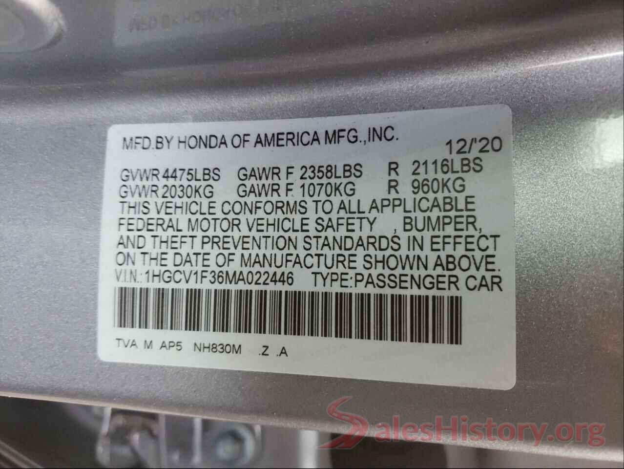 1HGCV1F36MA022446 2021 HONDA ACCORD