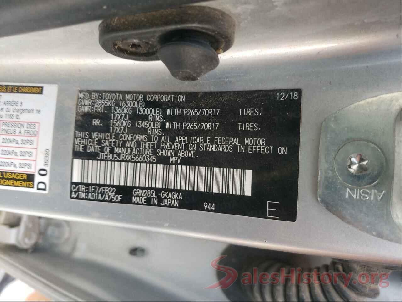 JTEBU5JRXK5660345 2019 TOYOTA 4RUNNER