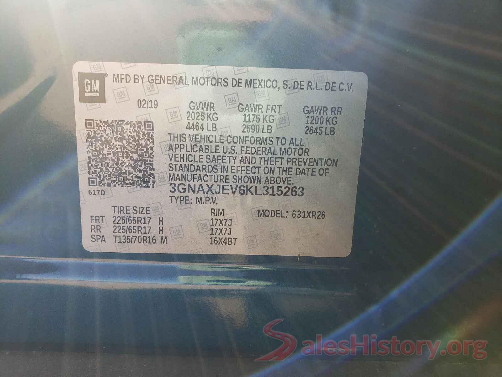 3GNAXJEV6KL315263 2019 CHEVROLET EQUINOX