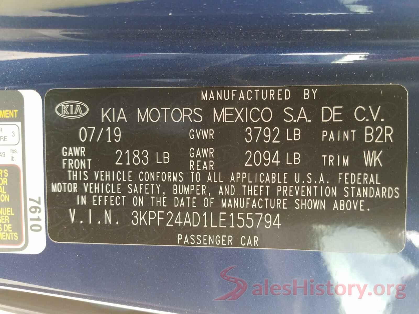 3KPF24AD1LE155794 2020 KIA FORTE