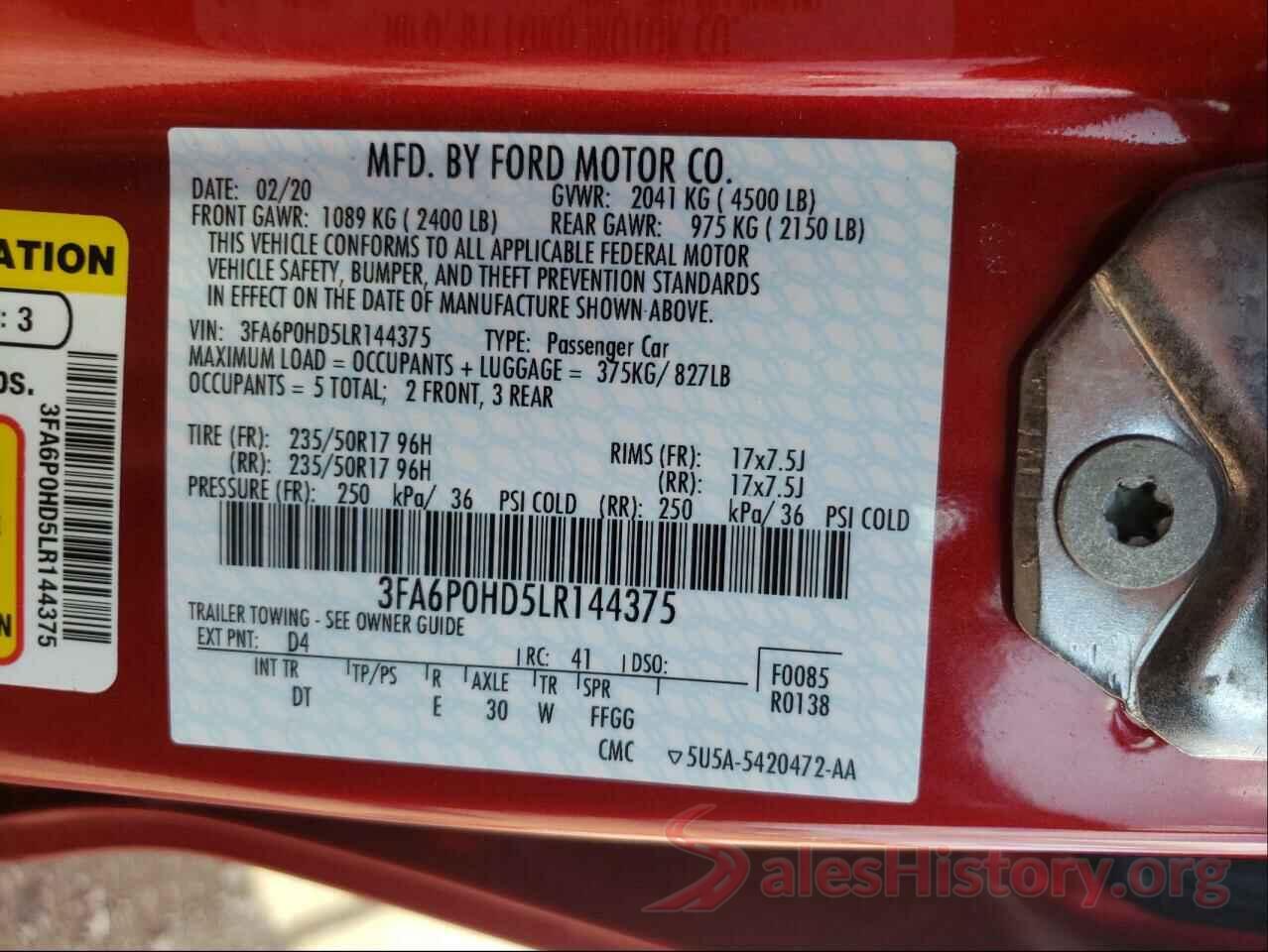 3FA6P0HD5LR144375 2020 FORD FUSION