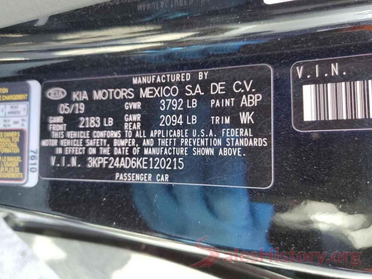 3KPF24AD6KE120215 2019 KIA FORTE