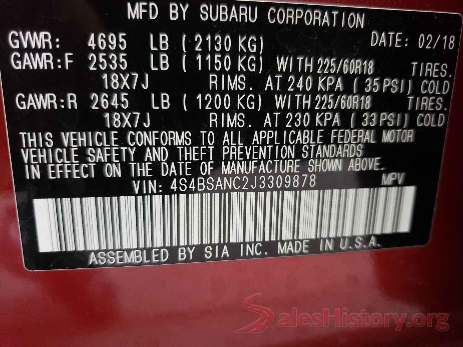 4S4BSANC2J3309878 2018 SUBARU OUTBACK