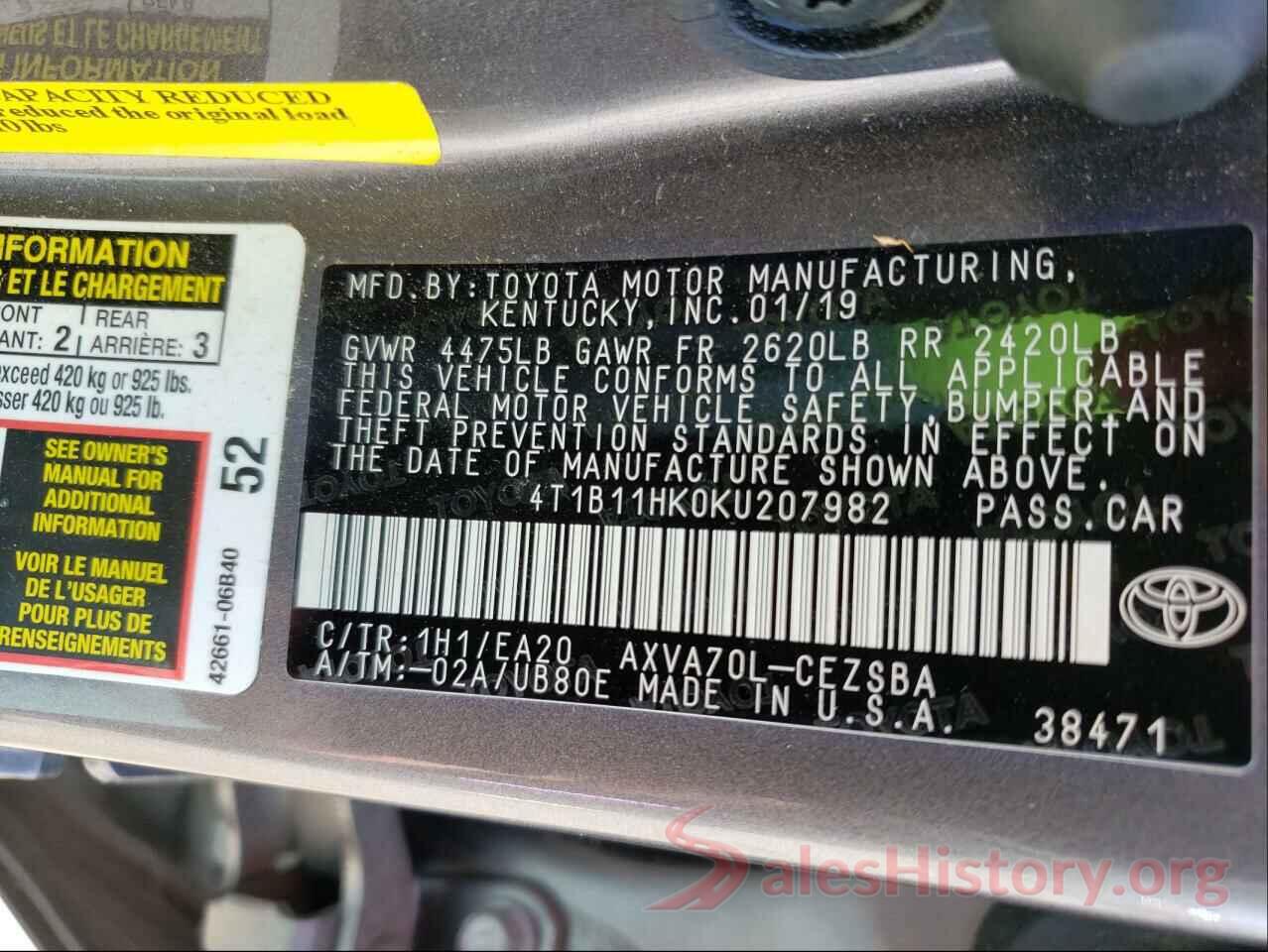 4T1B11HK0KU207982 2019 TOYOTA CAMRY