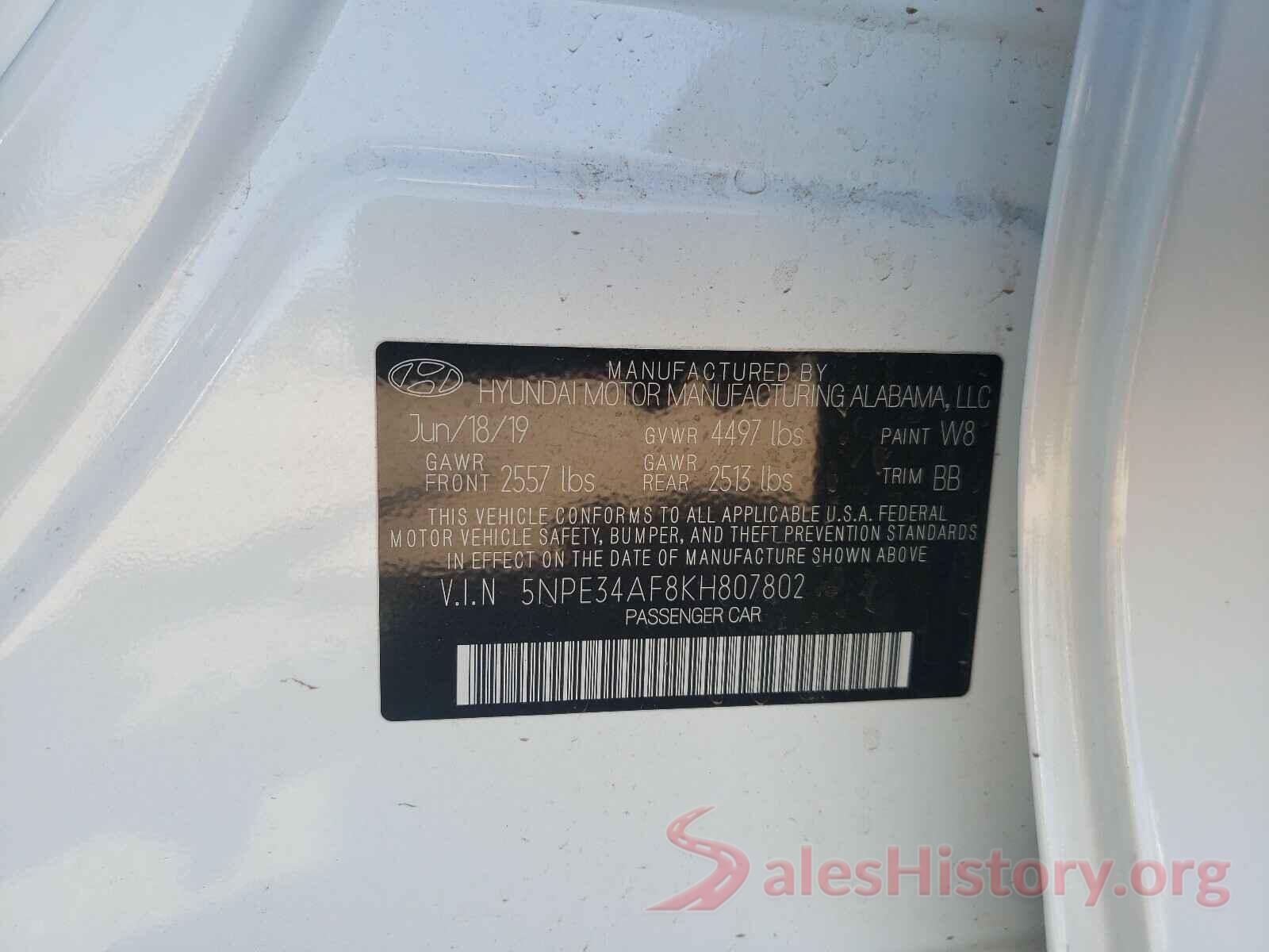 5NPE34AF8KH807802 2019 HYUNDAI SONATA