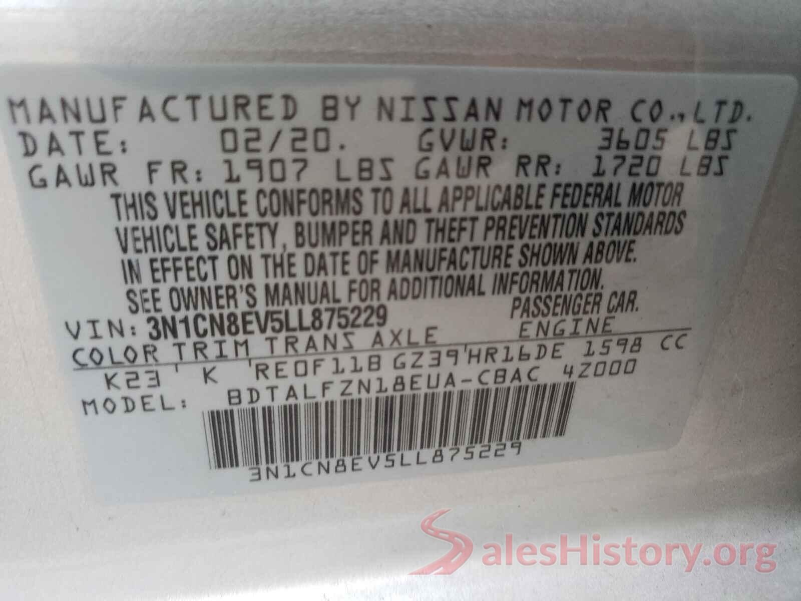 3N1CN8EV5LL875229 2020 NISSAN VERSA