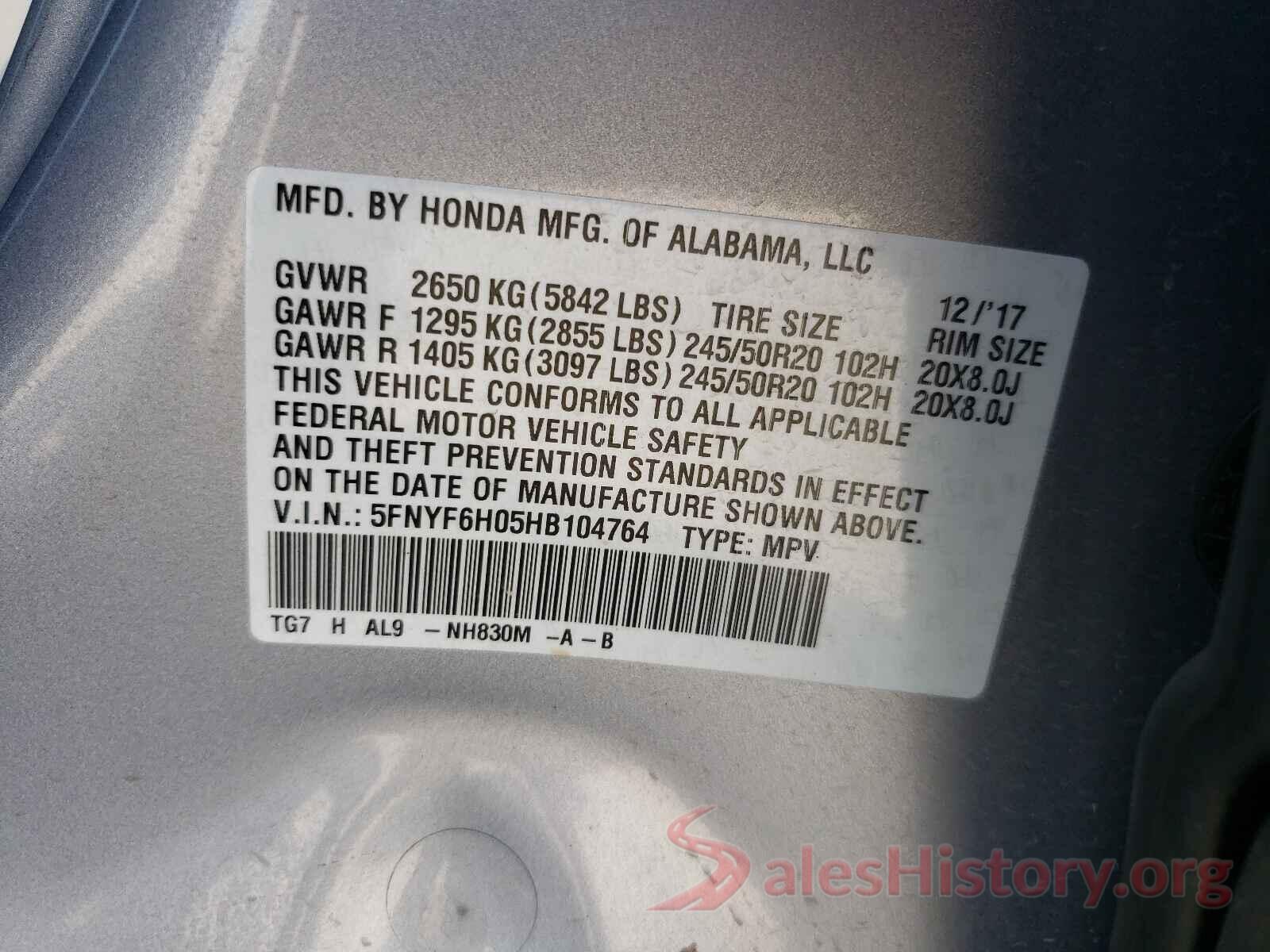 5FNYF6H05HB104764 2017 HONDA PILOT