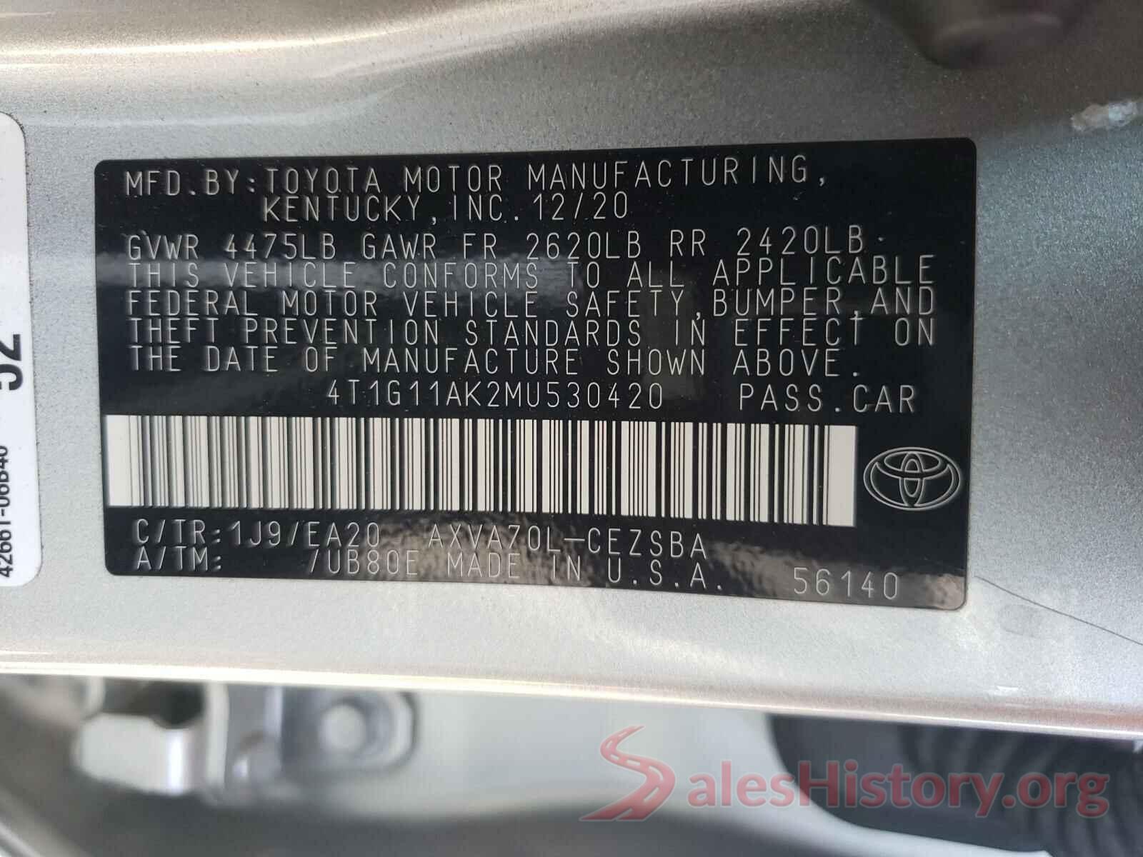 4T1G11AK2MU530420 2021 TOYOTA CAMRY