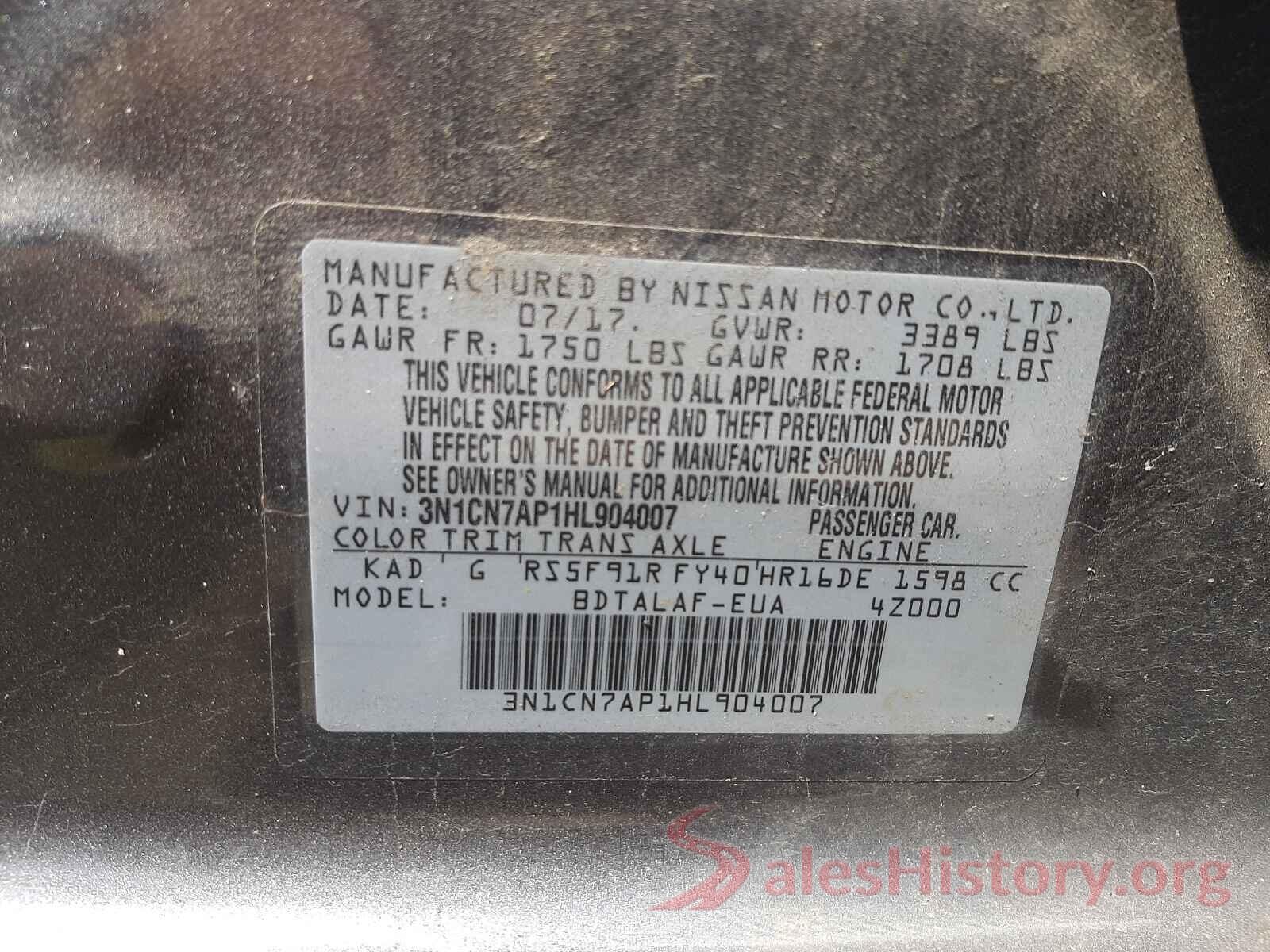 3N1CN7AP1HL904007 2017 NISSAN VERSA