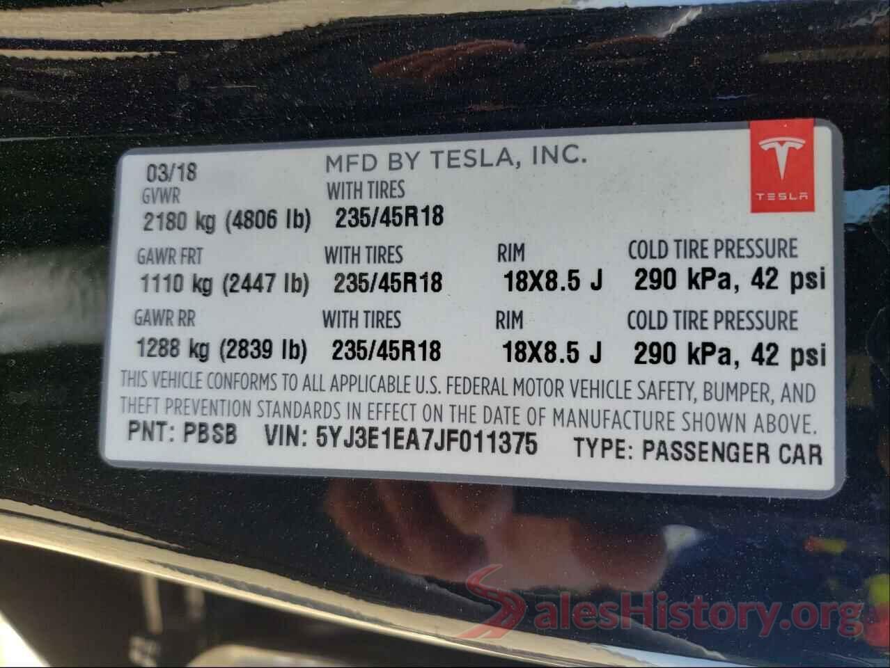 5YJ3E1EA7JF011375 2018 TESLA MODEL 3