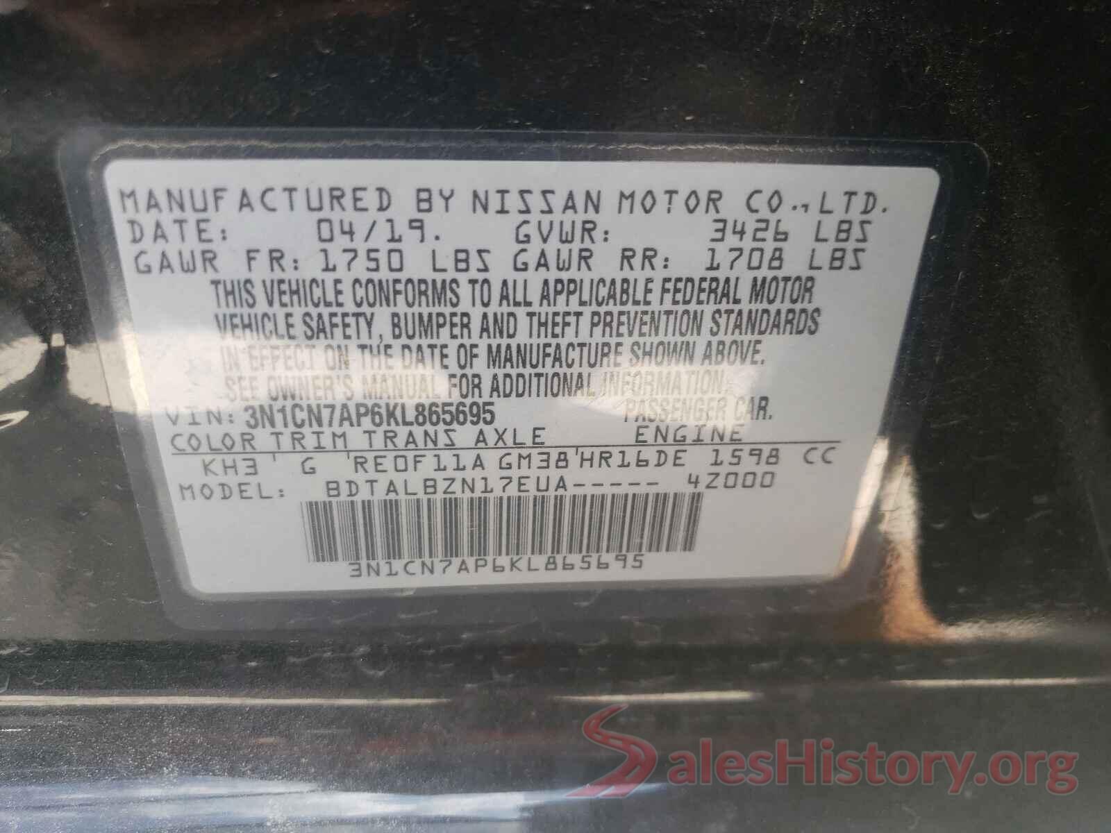 3N1CN7AP6KL865695 2019 NISSAN VERSA