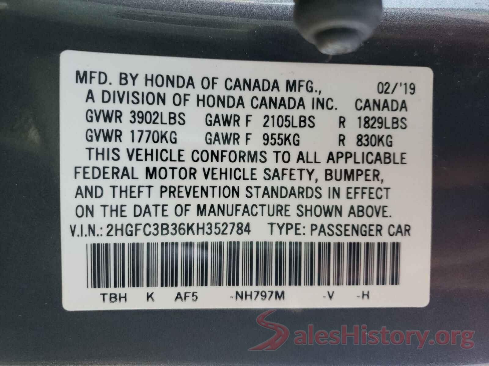 2HGFC3B36KH352784 2019 HONDA CIVIC