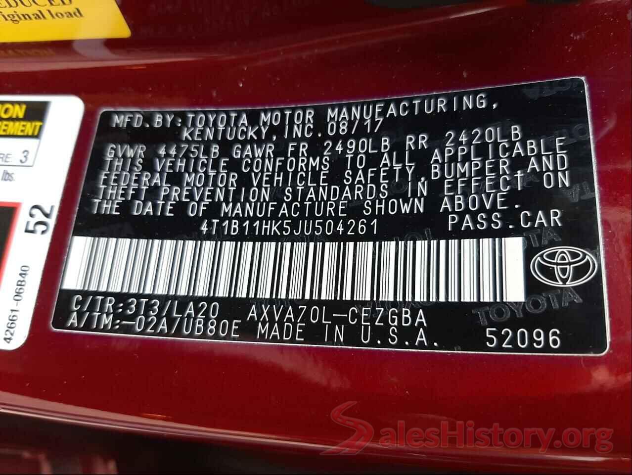 4T1B11HK5JU504261 2018 TOYOTA CAMRY