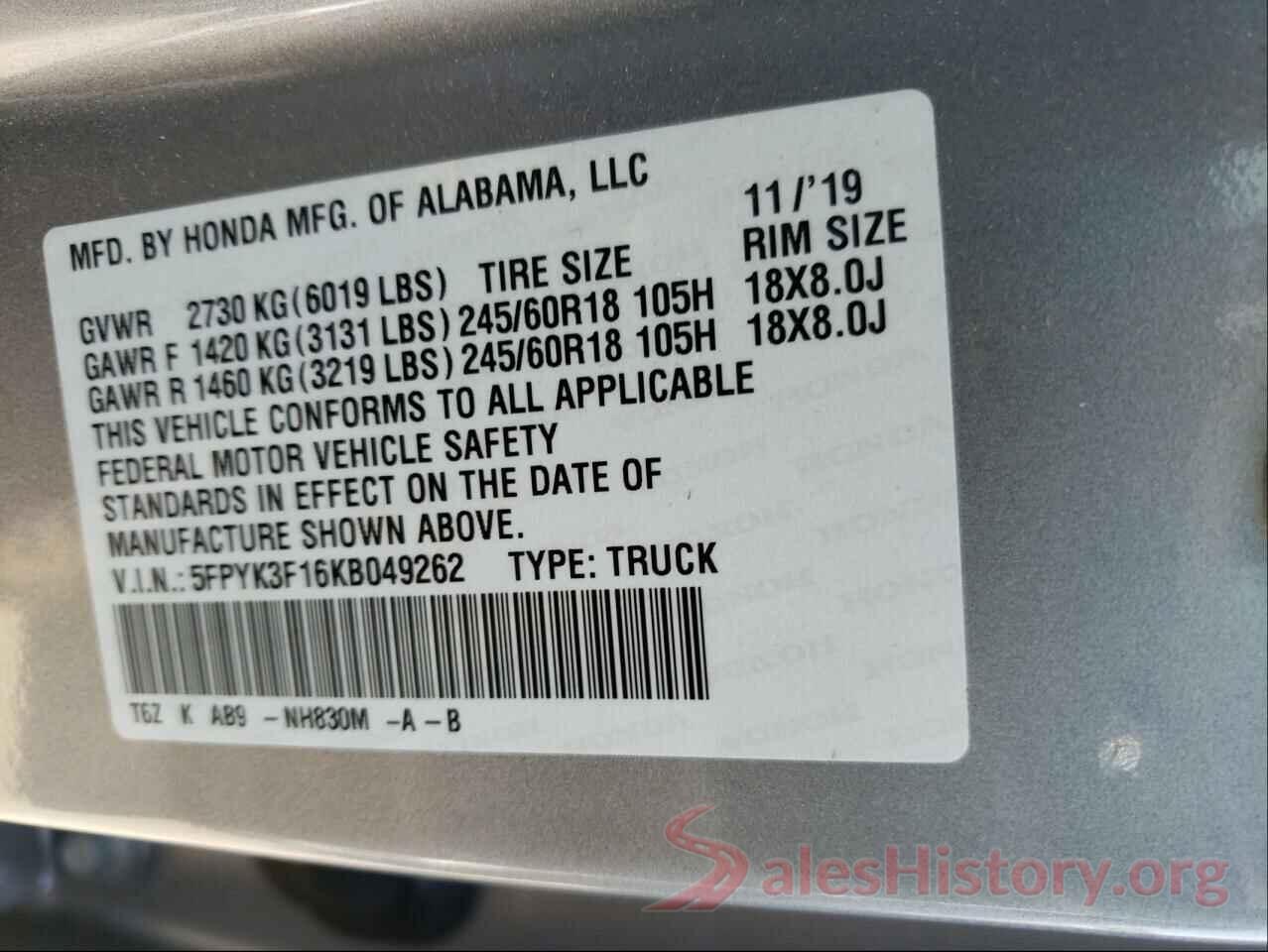 5FPYK3F16KB049262 2019 HONDA RIDGELINE