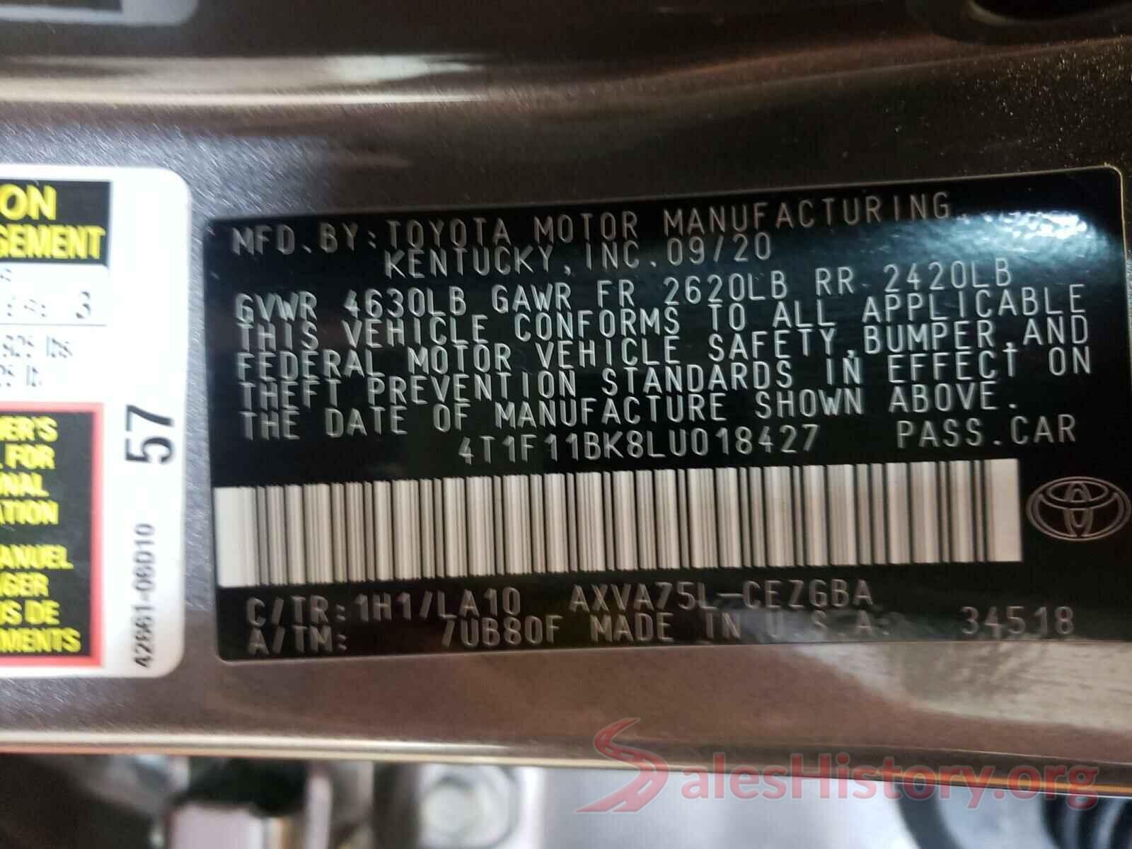 4T1F11BK8LU018427 2020 TOYOTA CAMRY