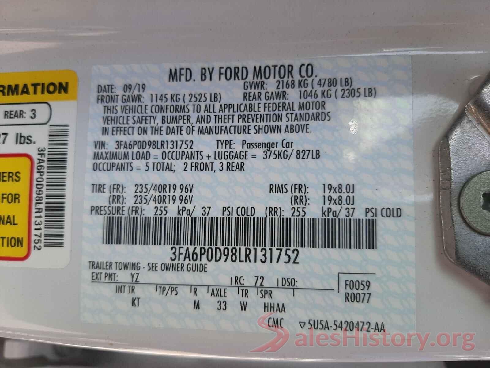 3FA6P0D98LR131752 2020 FORD FUSION