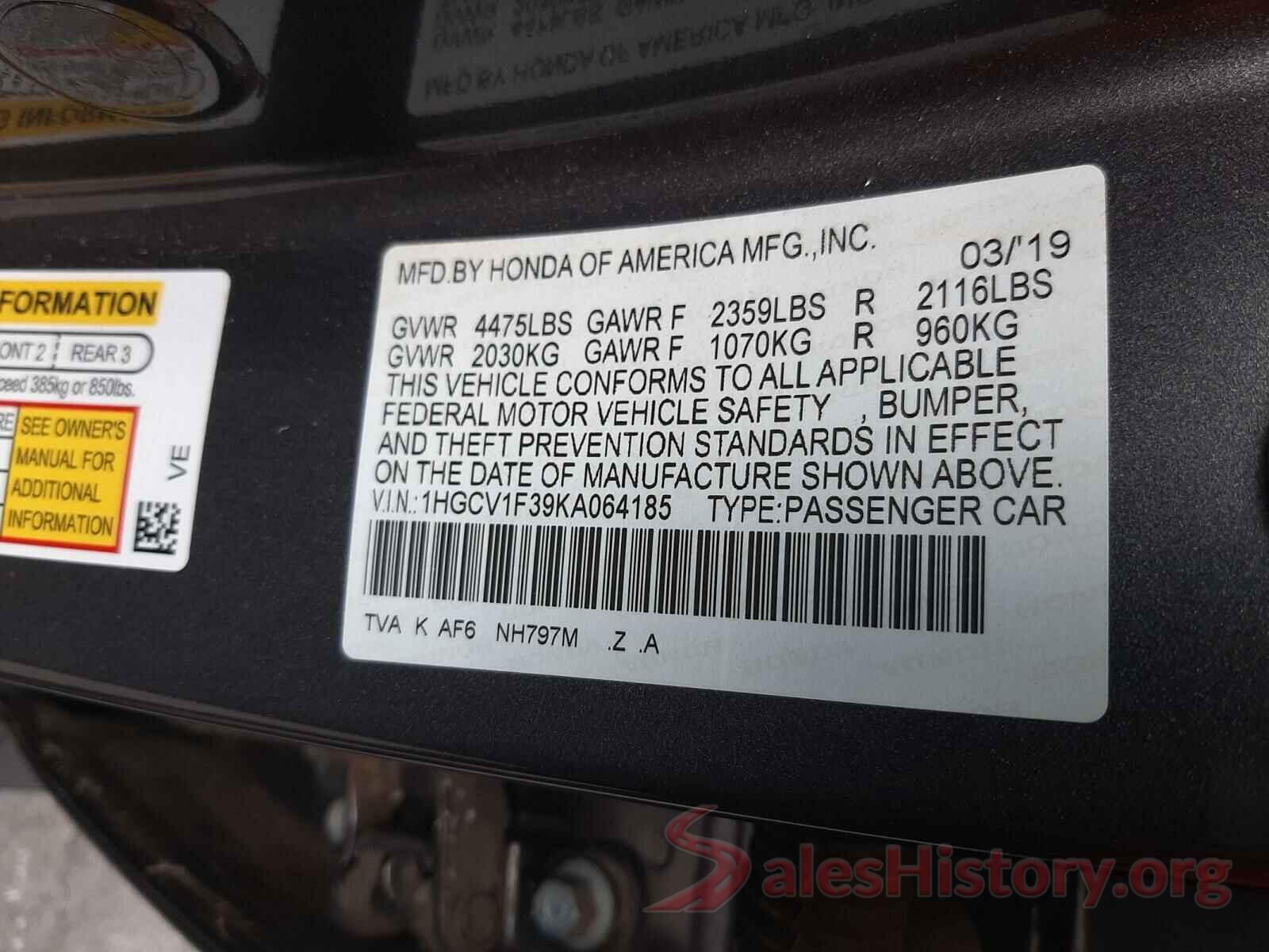 1HGCV1F39KA064185 2019 HONDA ACCORD