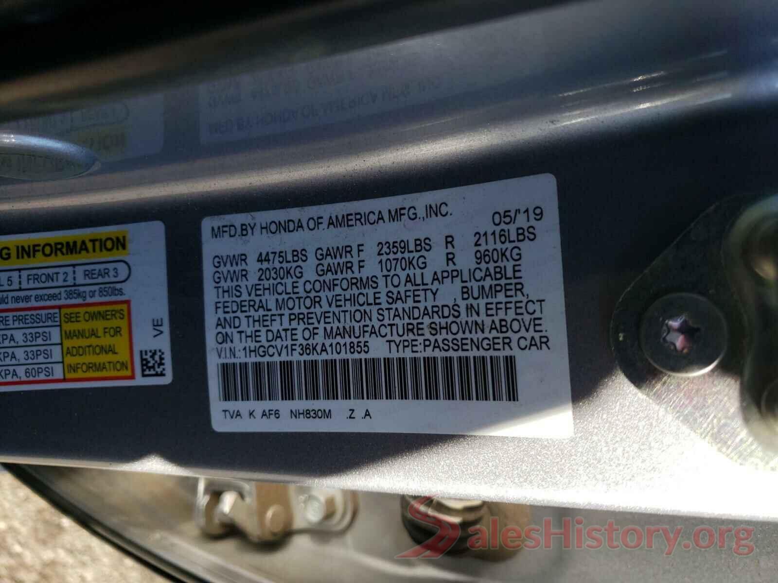 1HGCV1F36KA101855 2019 HONDA ACCORD