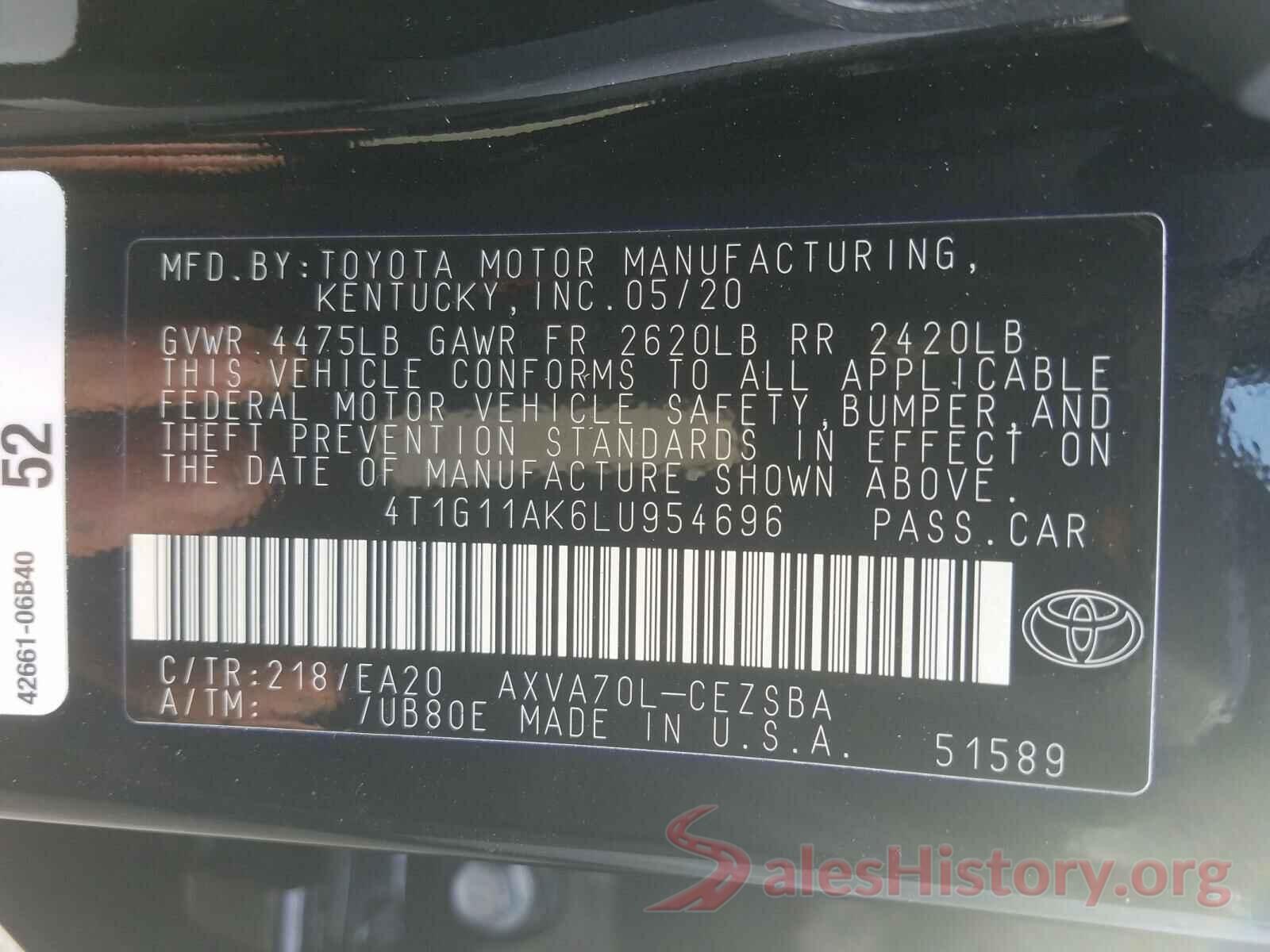 4T1G11AK6LU954696 2020 TOYOTA CAMRY