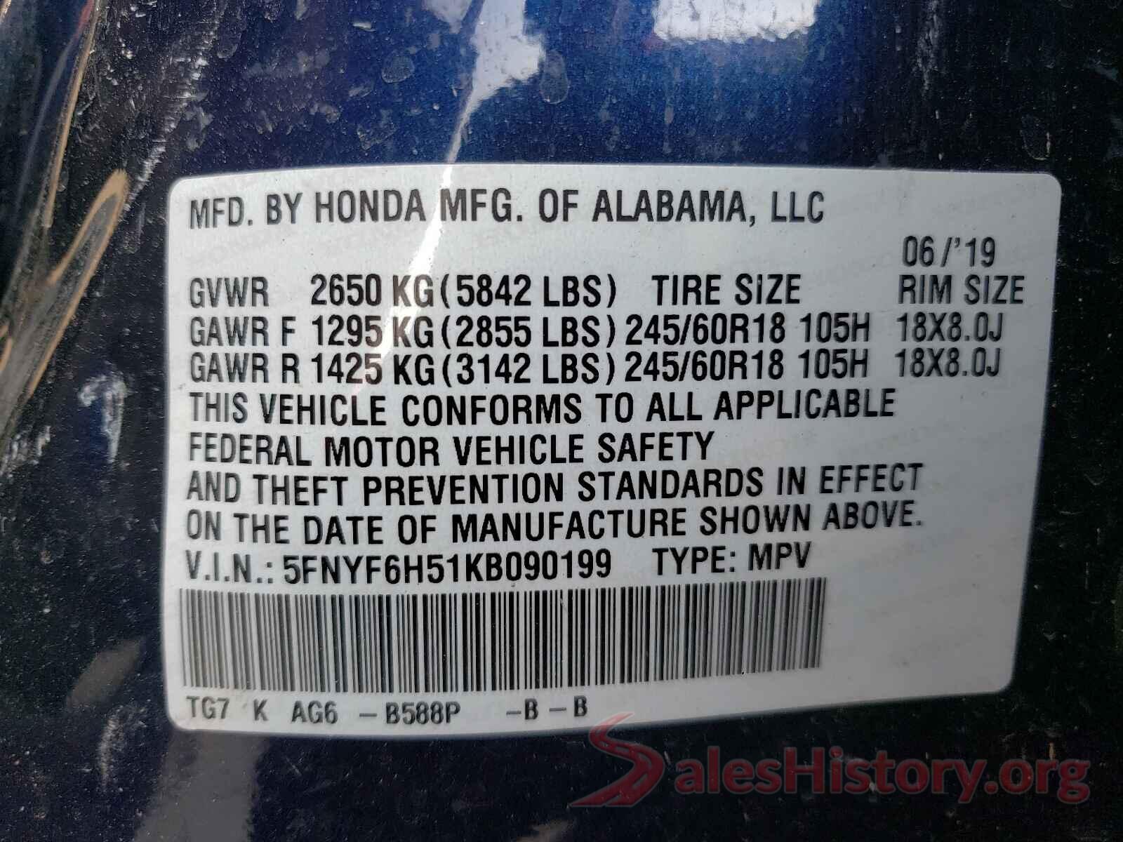 5FNYF6H51KB090199 2019 HONDA PILOT