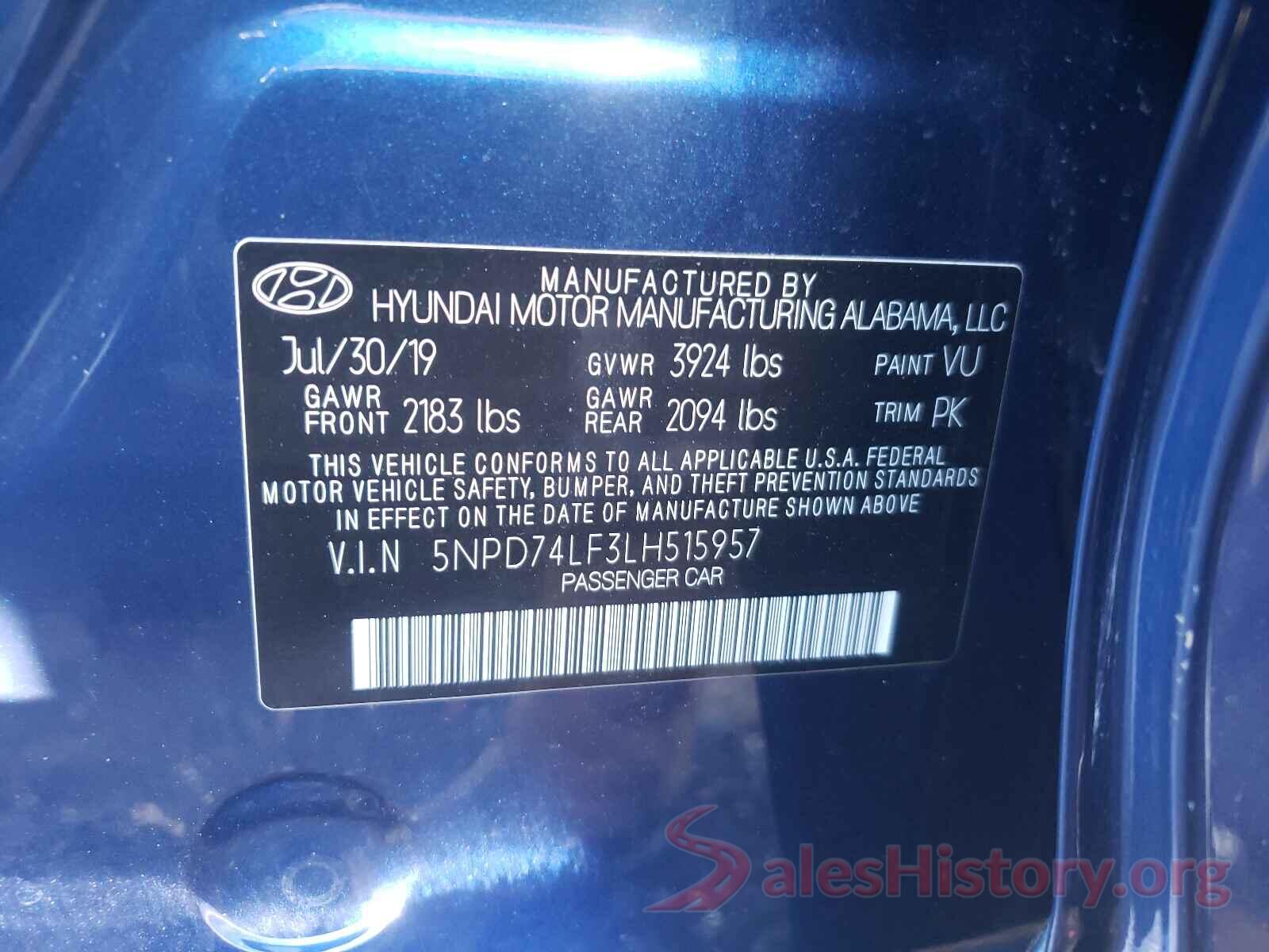 5NPD74LF3LH515957 2020 HYUNDAI ELANTRA