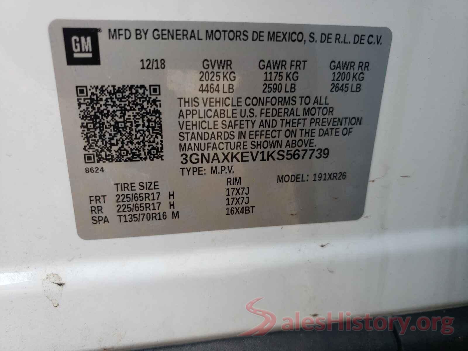 3GNAXKEV1KS567739 2019 CHEVROLET EQUINOX