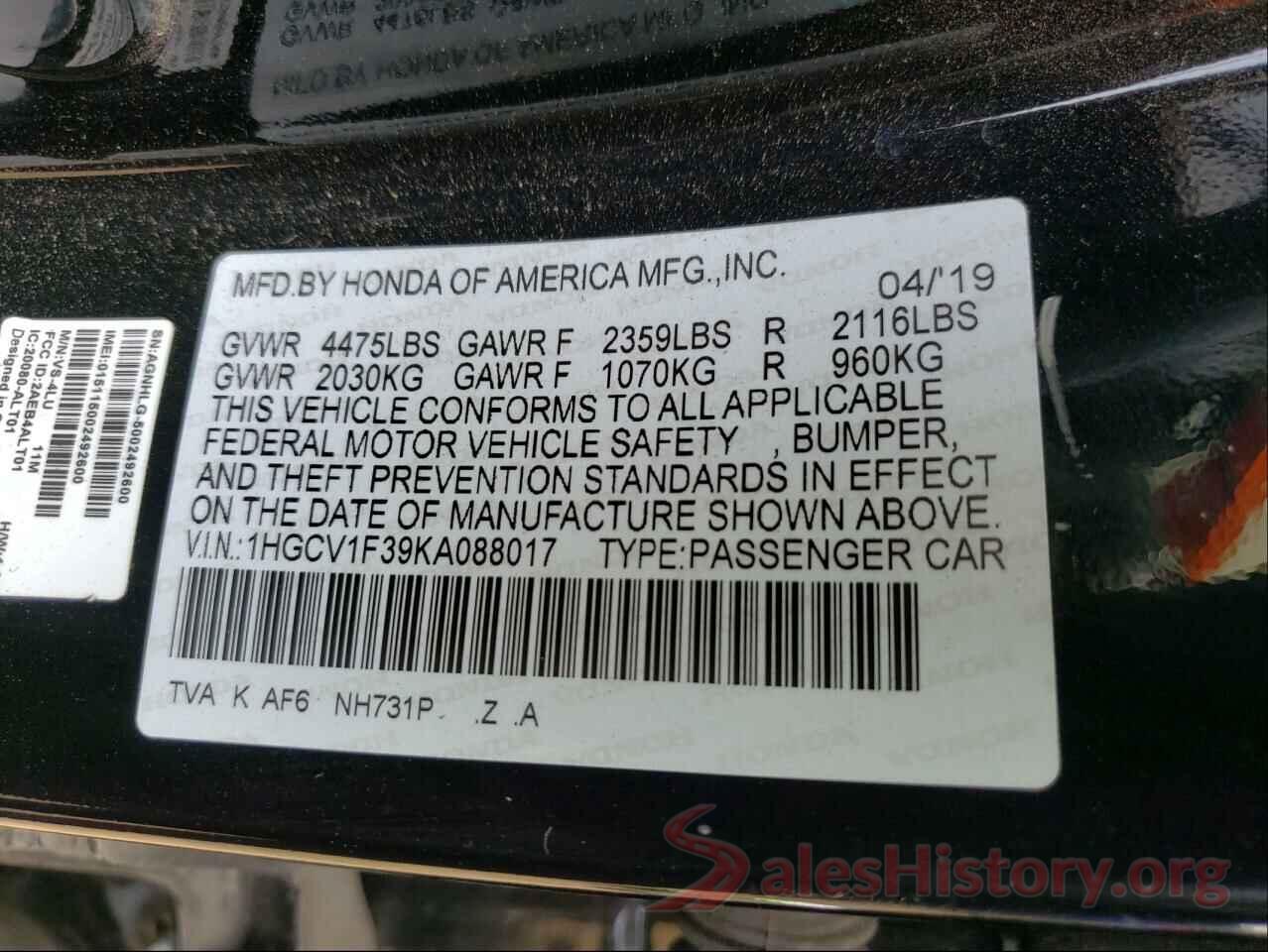 1HGCV1F39KA088017 2019 HONDA ACCORD