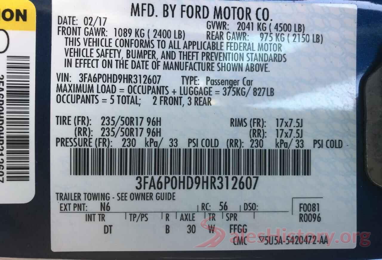 3FA6P0HD9HR312607 2017 FORD FUSION