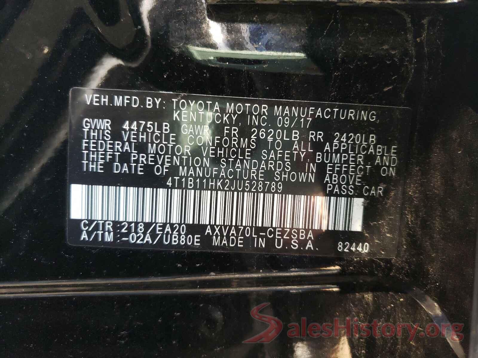 4T1B11HK2JU528789 2018 TOYOTA CAMRY