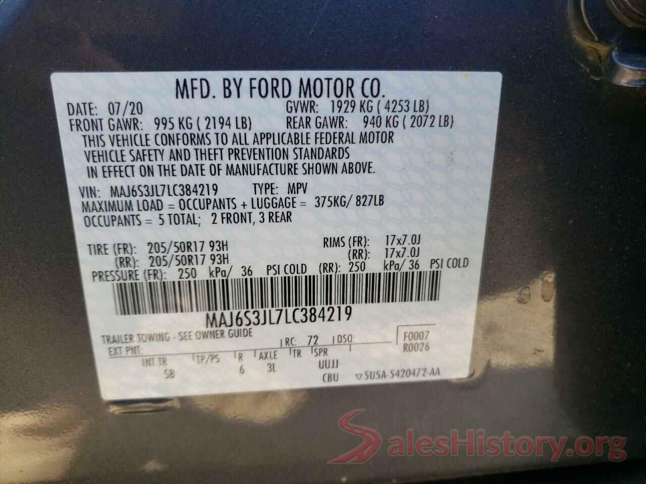 MAJ6S3JL7LC384219 2020 FORD ECOSPORT