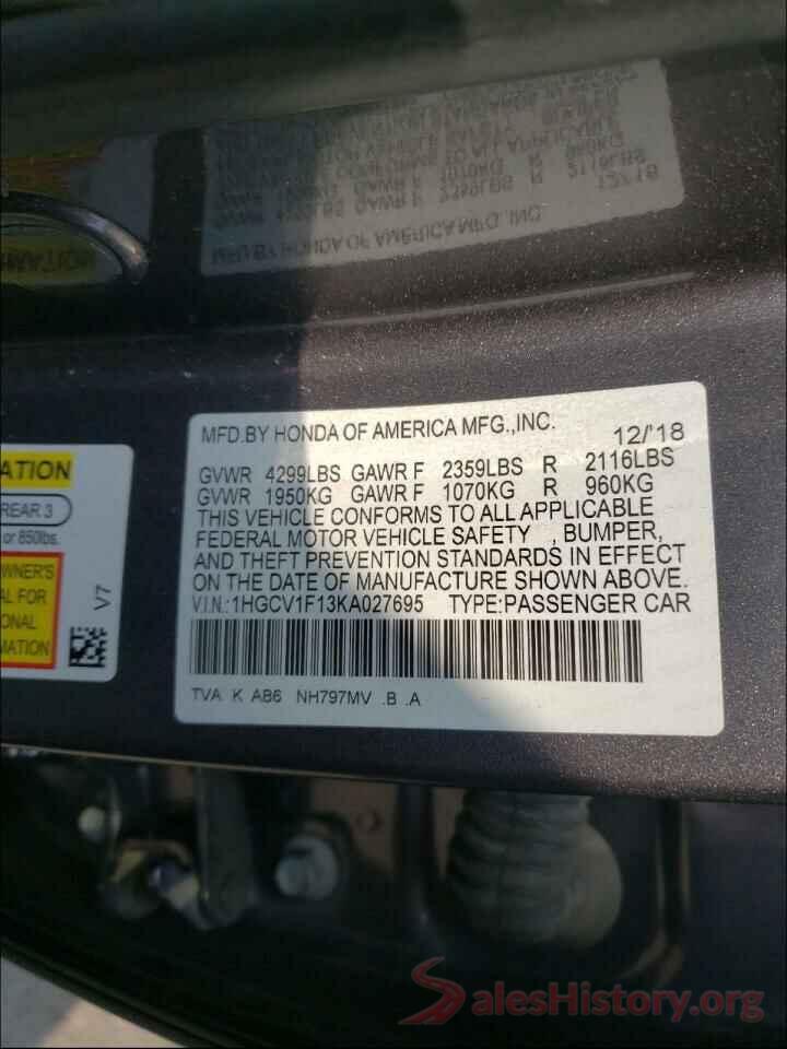 1HGCV1F13KA027695 2019 HONDA ACCORD