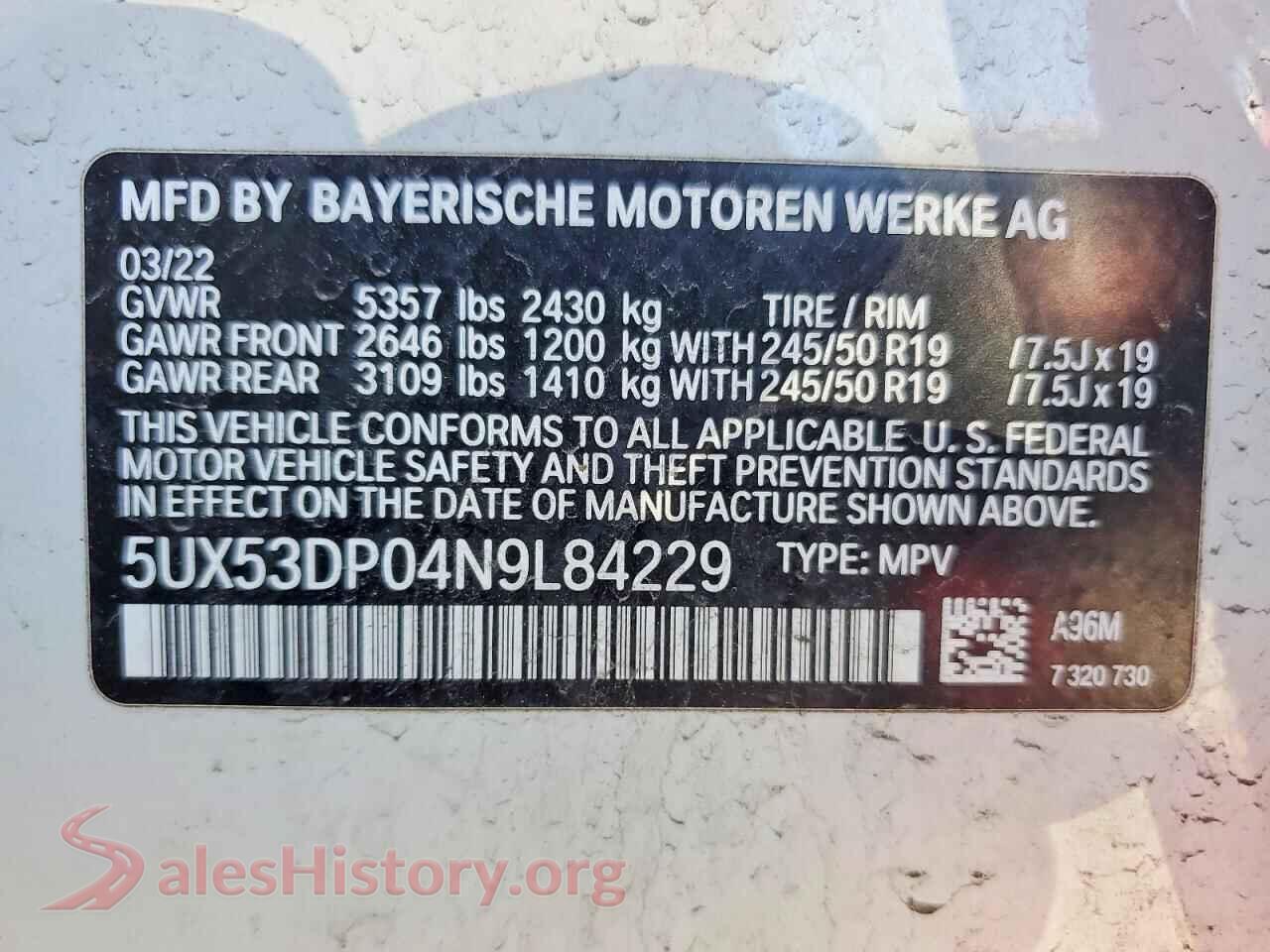 2022 BMW X3 VIN 5UX53DP04N9L84229, trunk area
