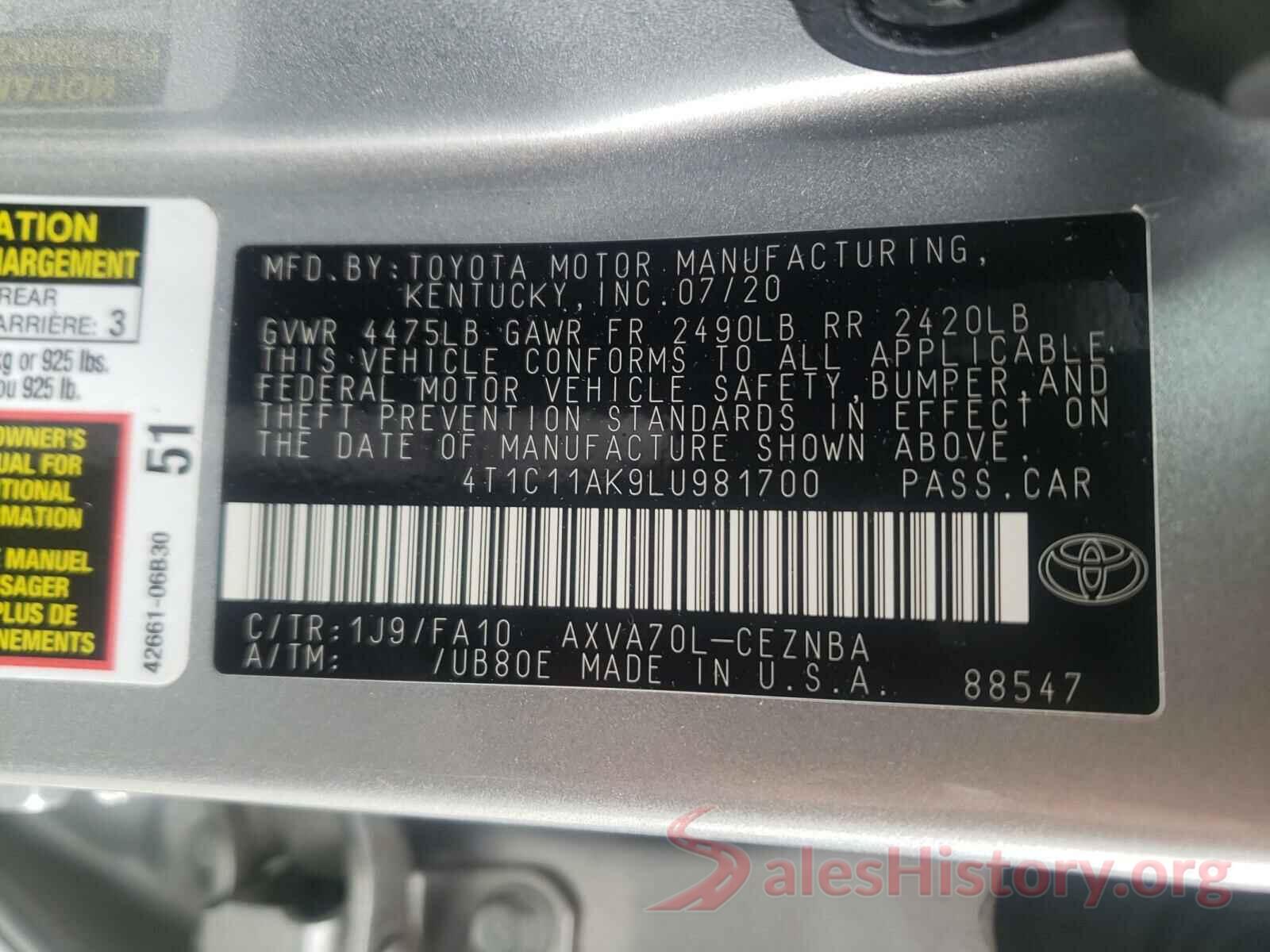 4T1C11AK9LU981700 2020 TOYOTA CAMRY