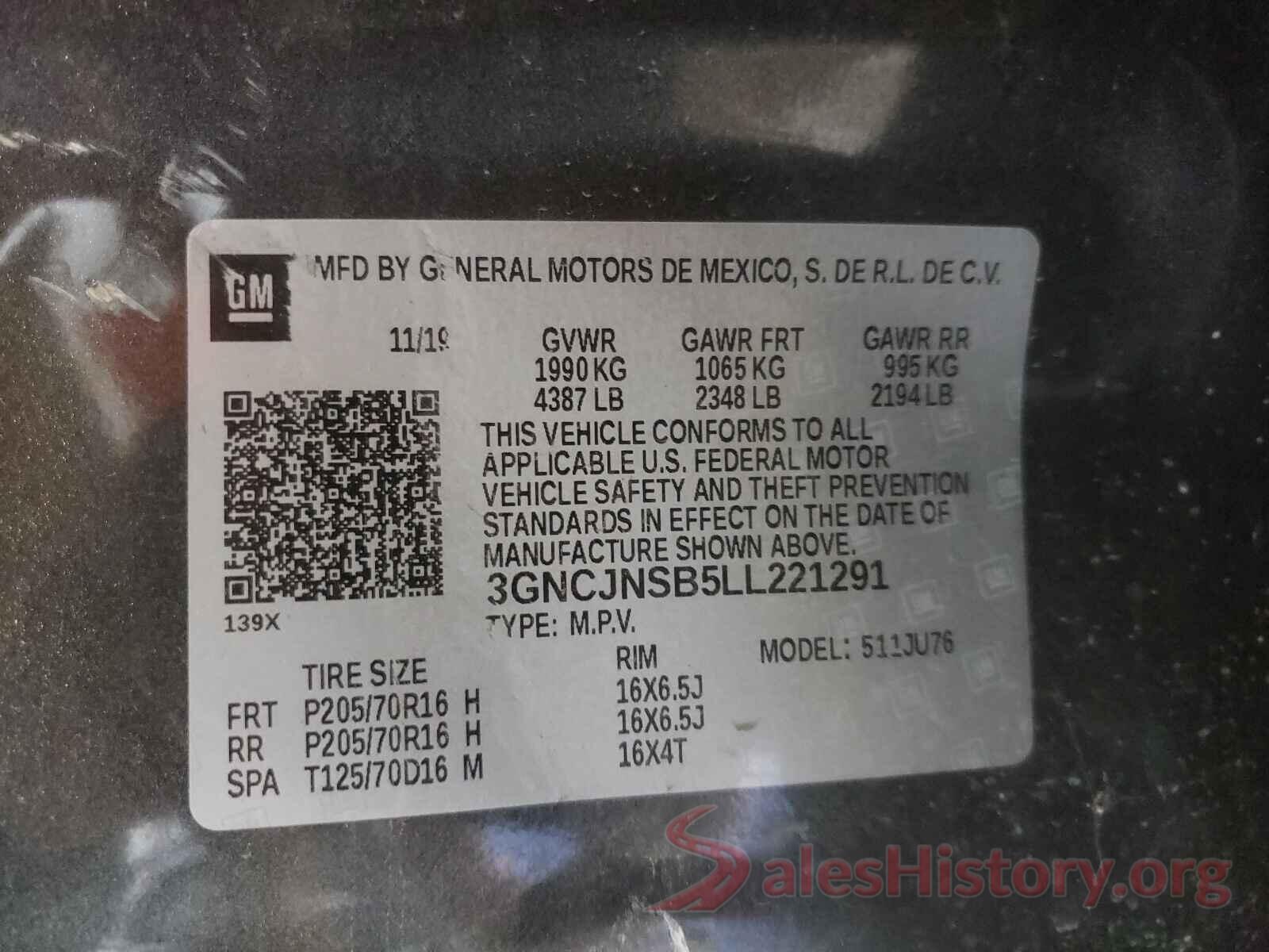 3GNCJNSB5LL221291 2020 CHEVROLET TRAX