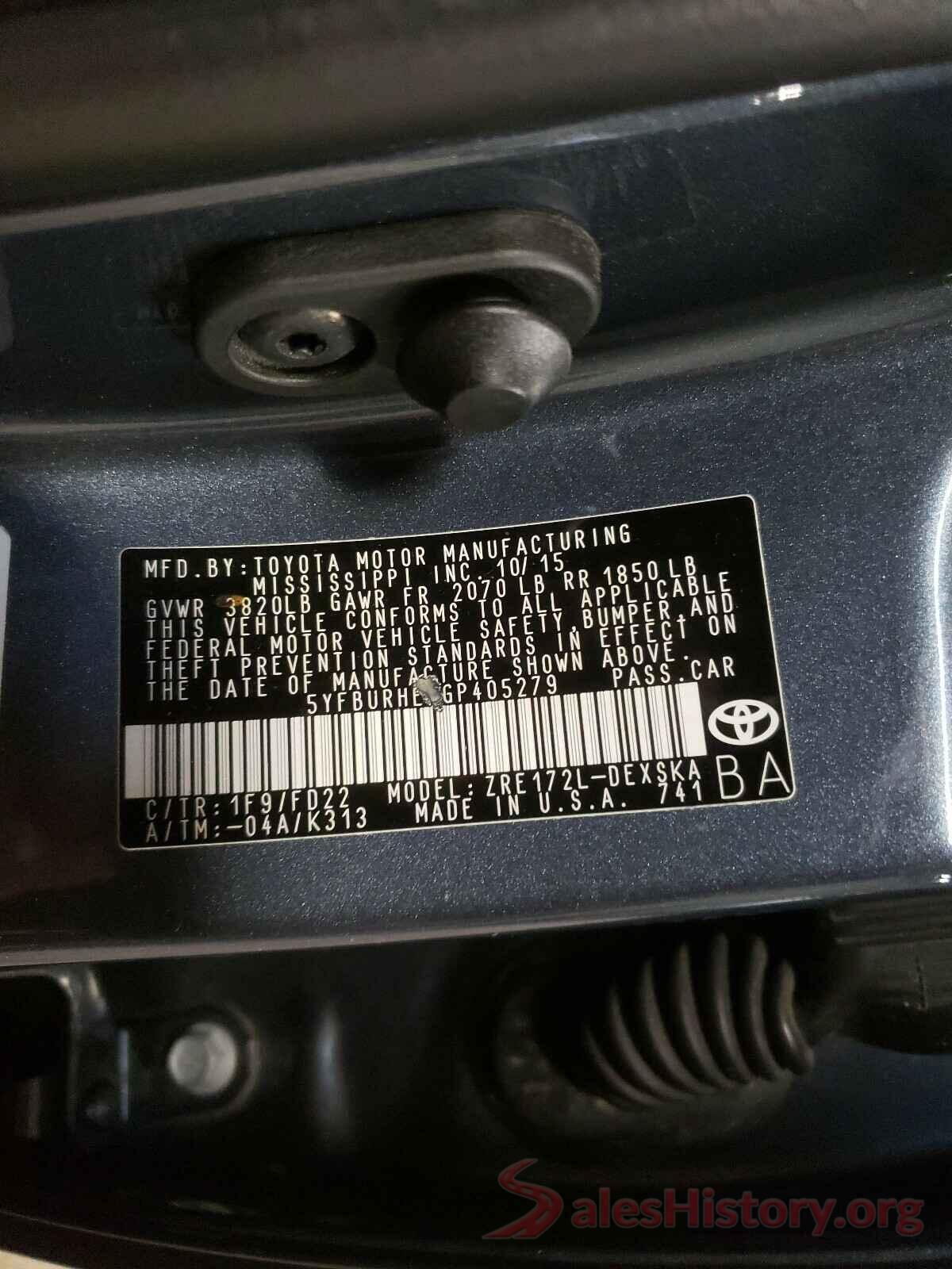 5YFBURHE8GP405279 2016 TOYOTA COROLLA